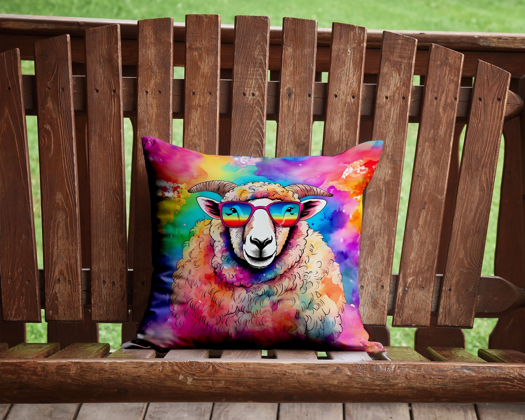 Hippie Animal Sheep Decorative Throw Pillow 14x14 Indoor Outdoor Accent Cushion, Fabric Cover with Insert for Sofa, Bed, Porch & Living Room