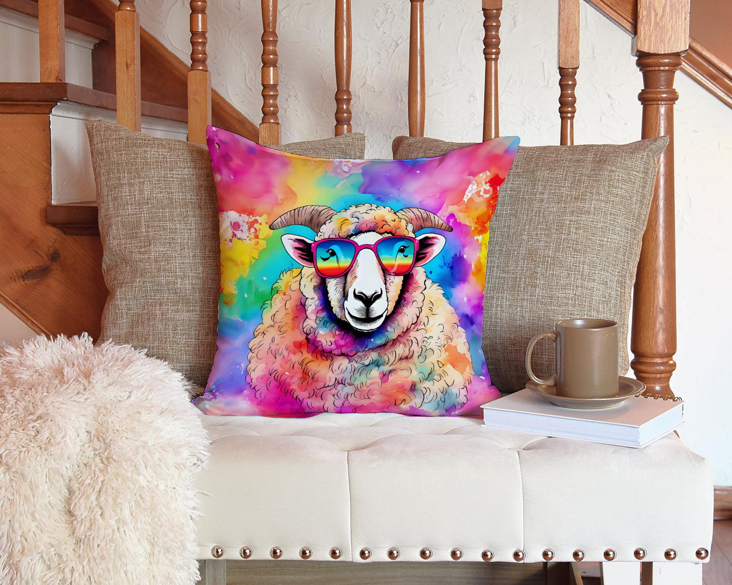 Hippie Animal Sheep Decorative Throw Pillow 14x14 Indoor Outdoor Accent Cushion, Fabric Cover with Insert for Sofa, Bed, Porch & Living Room