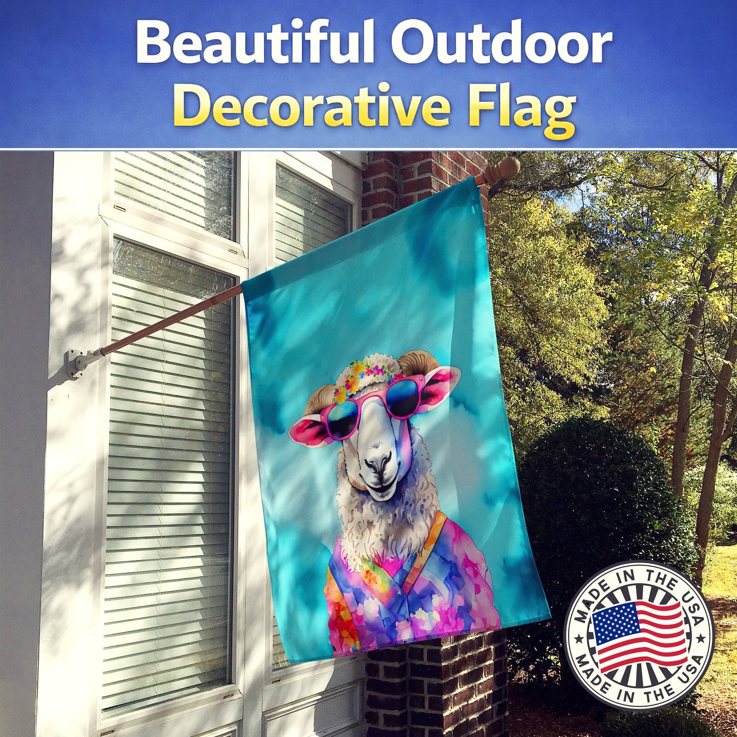 Hippie Animal Sheep House Flag 28x40 Porch Sleeve Pole Decorative Outside Yard Banner Artwork Wall Hanging, Polyester