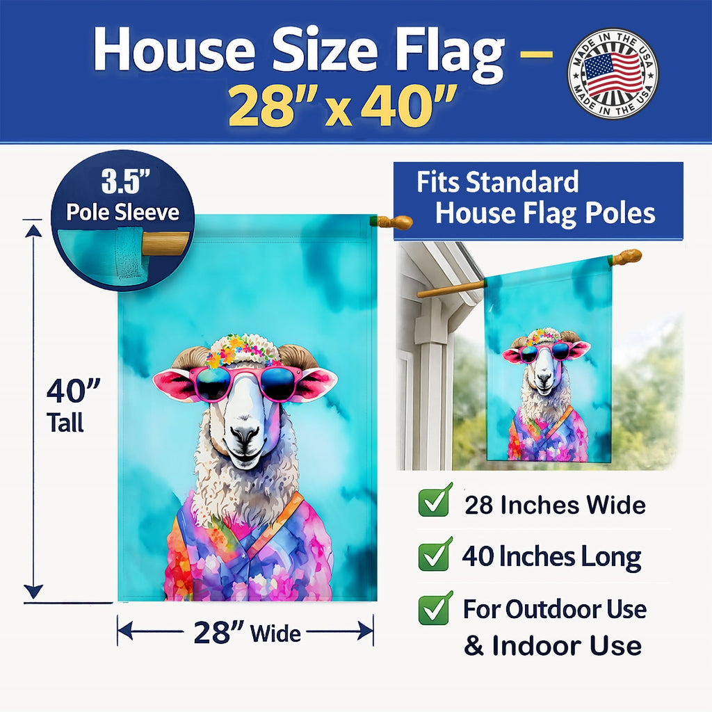 Hippie Animal Sheep House Flag 28x40 Porch Sleeve Pole Decorative Outside Yard Banner Artwork Wall Hanging, Polyester