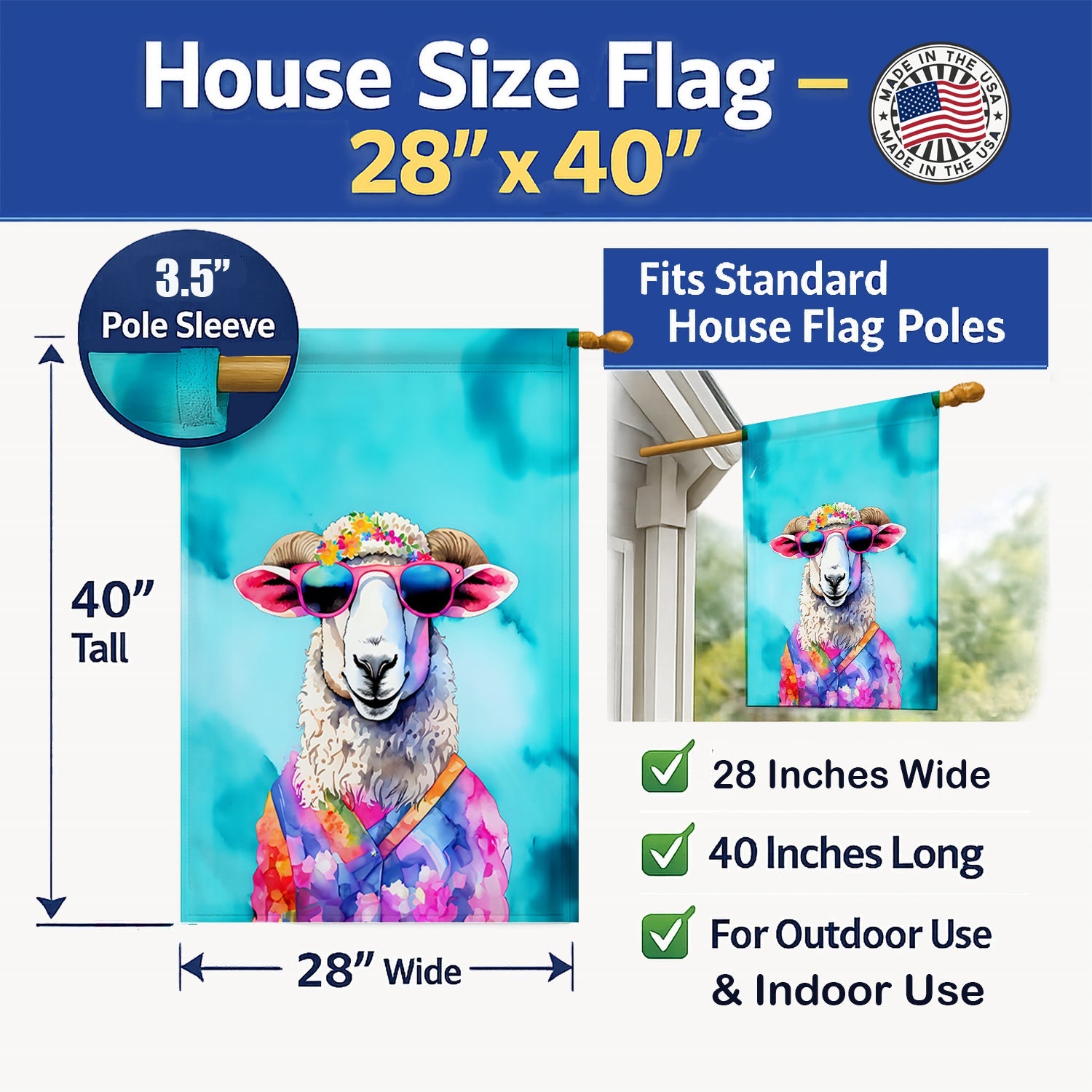 Hippie Animal Sheep House Flag 28x40 Porch Sleeve Pole Decorative Outside Yard Banner Artwork Wall Hanging, Polyester