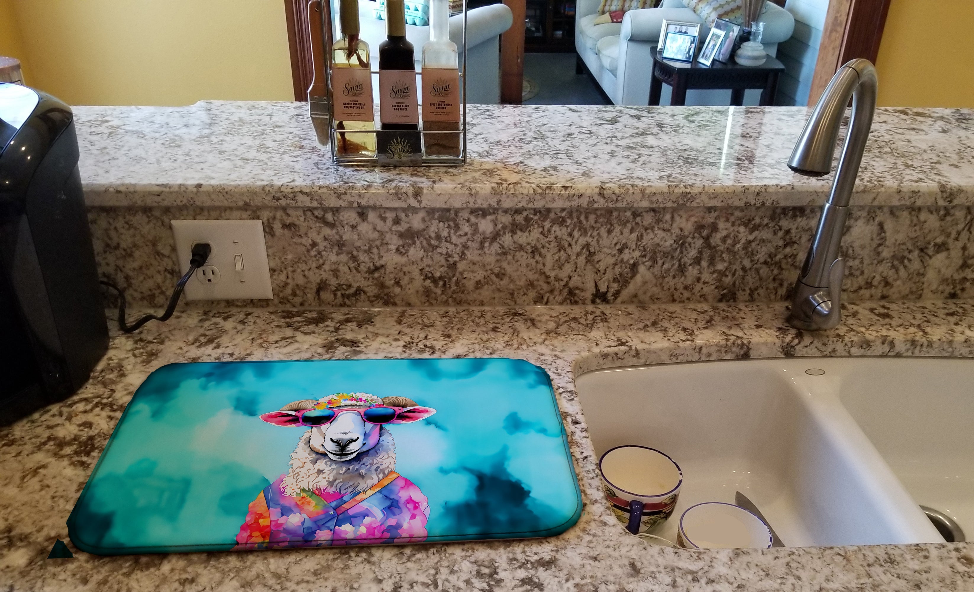 Hippie Animal Sheep Dish Drying Mat Absorbent Dish Drying Mat Pad for Kitchen Counter Dish Drainer Mat for Countertop, 14 x 21", Multicolor