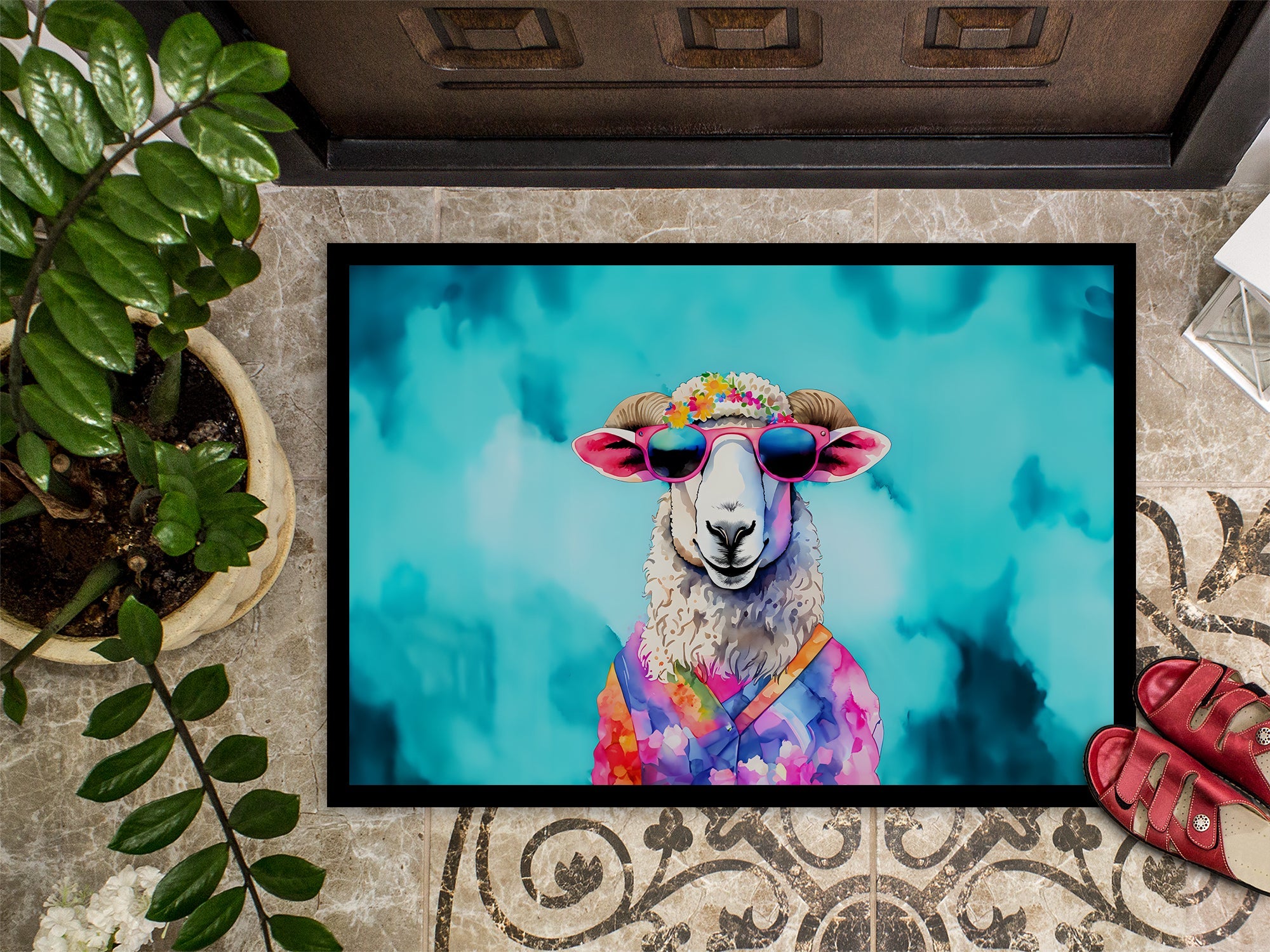 Hippie Animal Sheep Doormat Indoor Outdoor 24H X 36W Front Door Mat Rugs for Entryway, Non Slip Washable Low Pile,