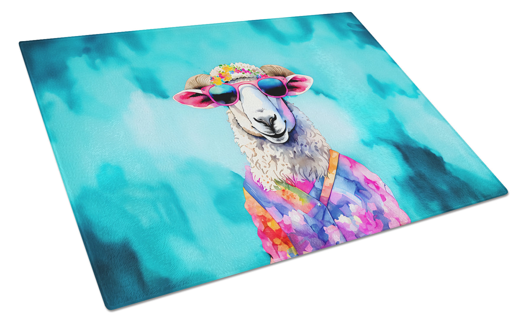 Hippie Animal Sheep Cutting Board Tempered Glass Kitchen Cutting Surface, Heat Resistant Chopping, Non-Slip Feet, Food Prep & Serving