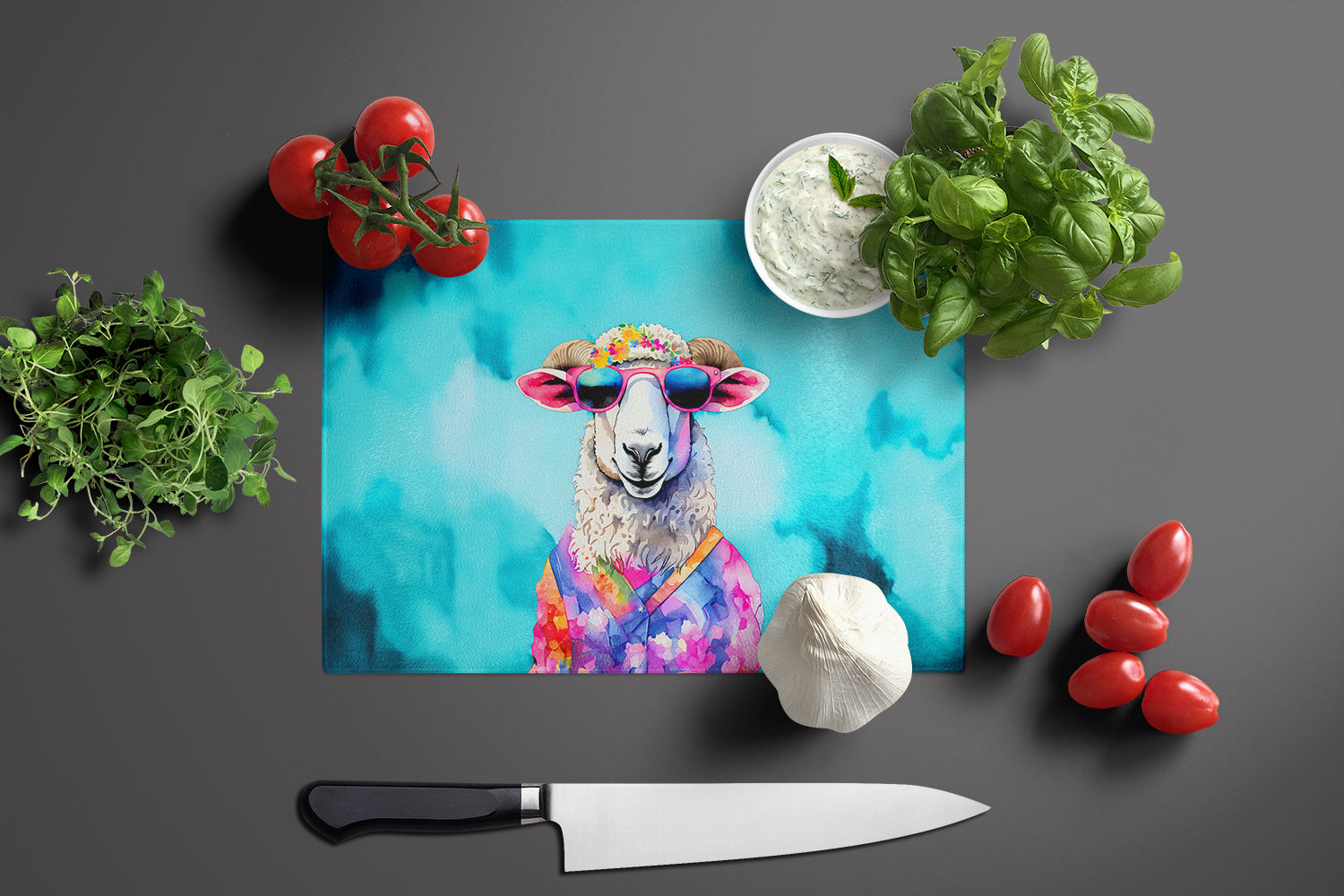 Hippie Animal Sheep Cutting Board Tempered Glass Kitchen Cutting Surface, Heat Resistant Chopping, Non-Slip Feet, Food Prep & Serving