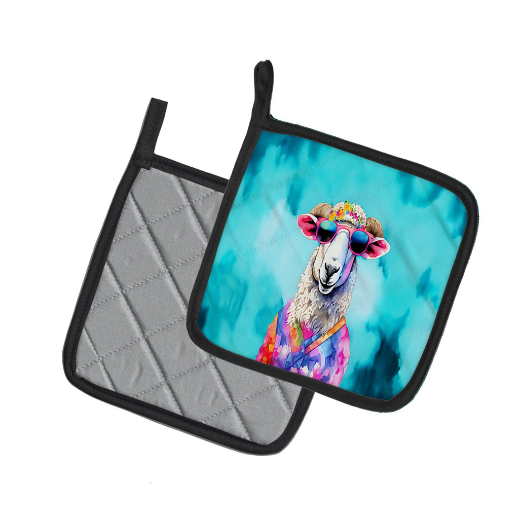 Hippie Animal Sheep Pot Holder Set of 2 Heat Resistant Quilted Hot Pads 7.5 x 7.5 Inch, Insulated Kitchen Trivets for Cooking & Baking