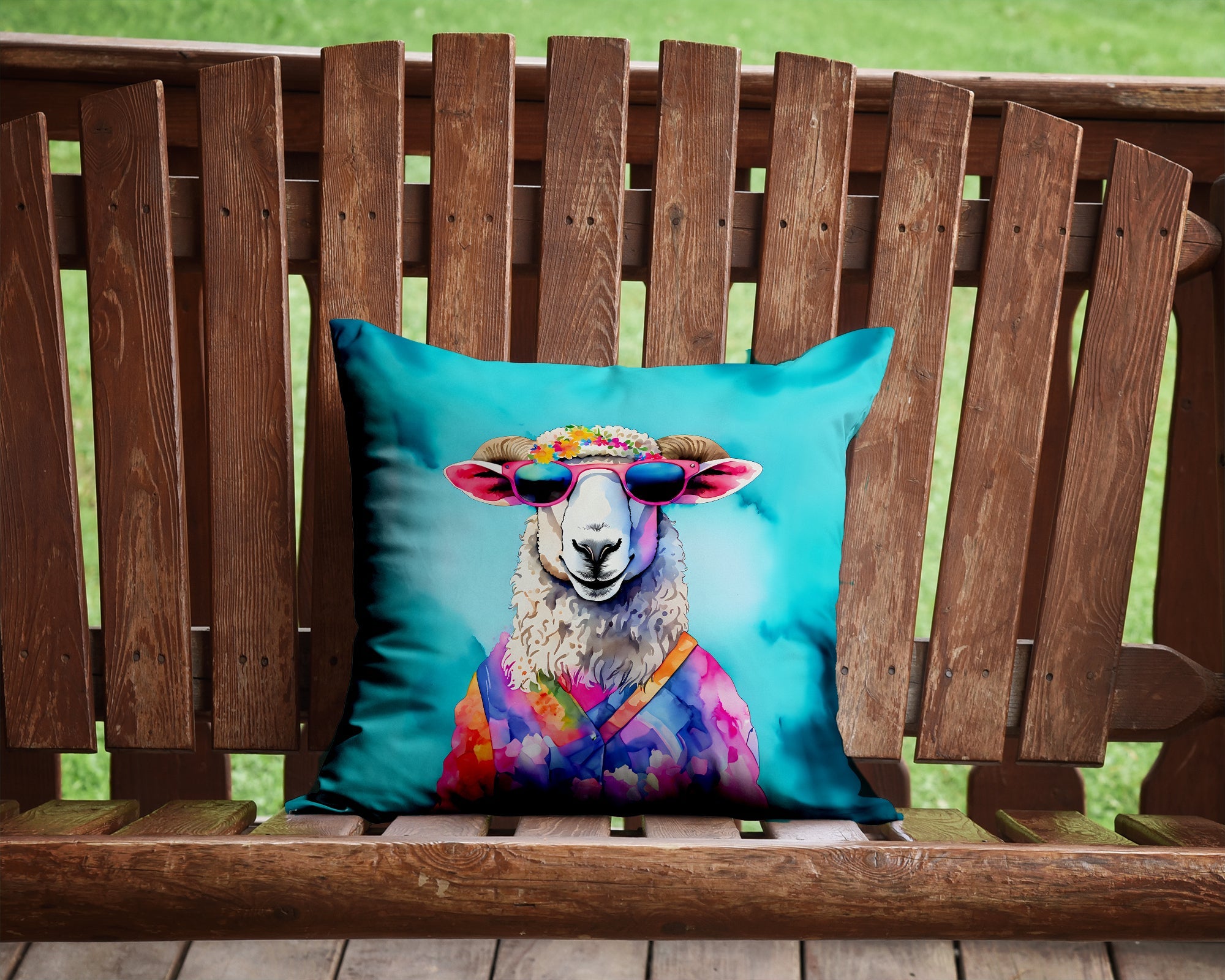 Hippie Animal Sheep Decorative Throw Pillow 14x14 Indoor Outdoor Accent Cushion, Fabric Cover with Insert for Sofa, Bed, Porch & Living Room