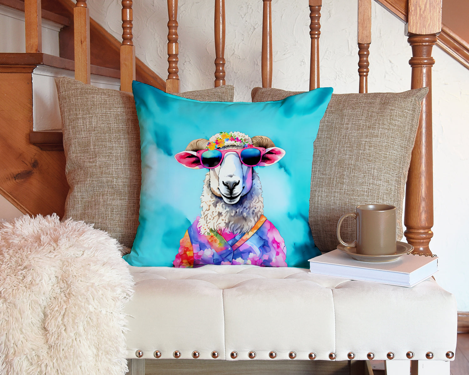 Hippie Animal Sheep Decorative Throw Pillow 14x14 Indoor Outdoor Accent Cushion, Fabric Cover with Insert for Sofa, Bed, Porch & Living Room