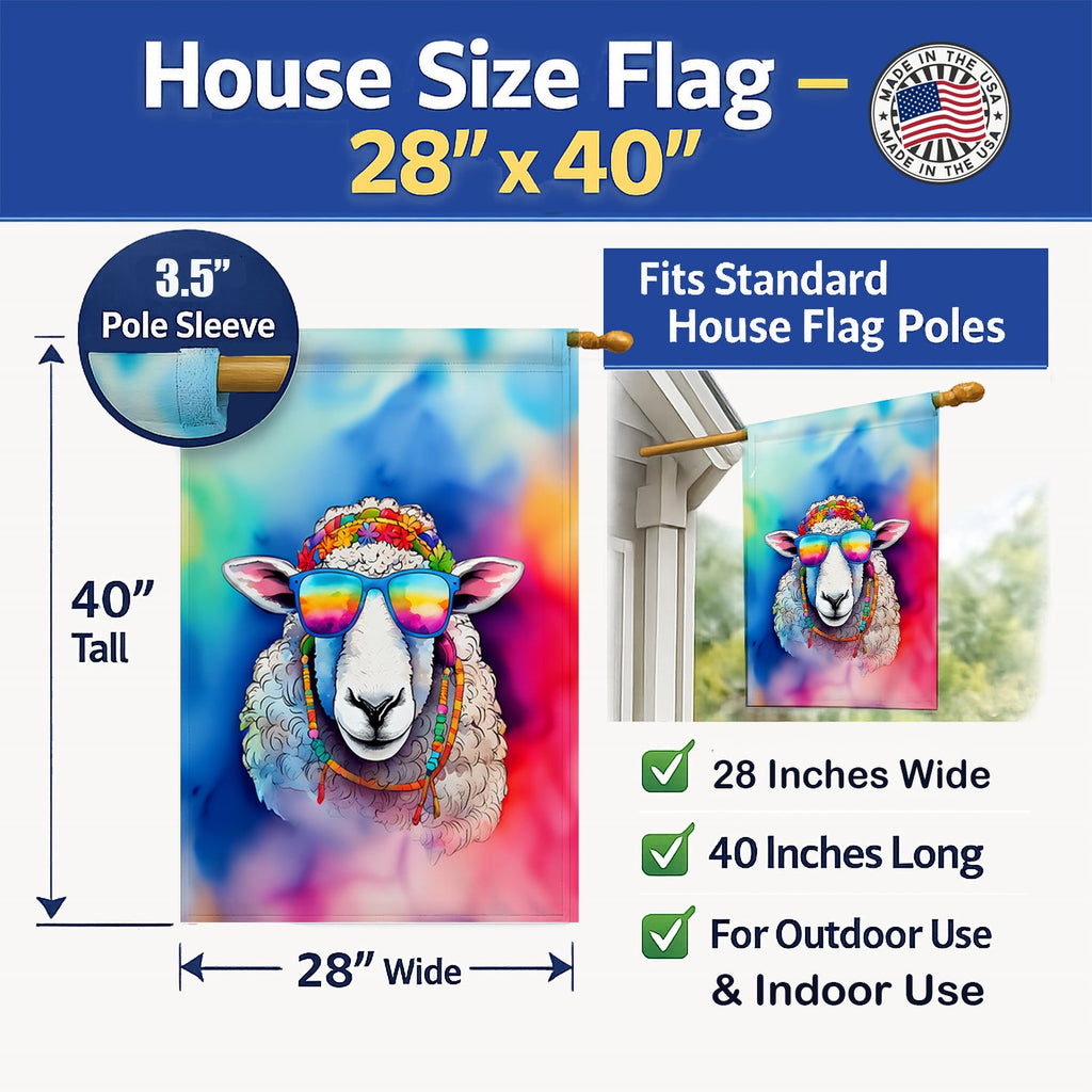 Hippie Animal Sheep House Flag 28x40 Porch Sleeve Pole Decorative Outside Yard Banner Artwork Wall Hanging, Polyester