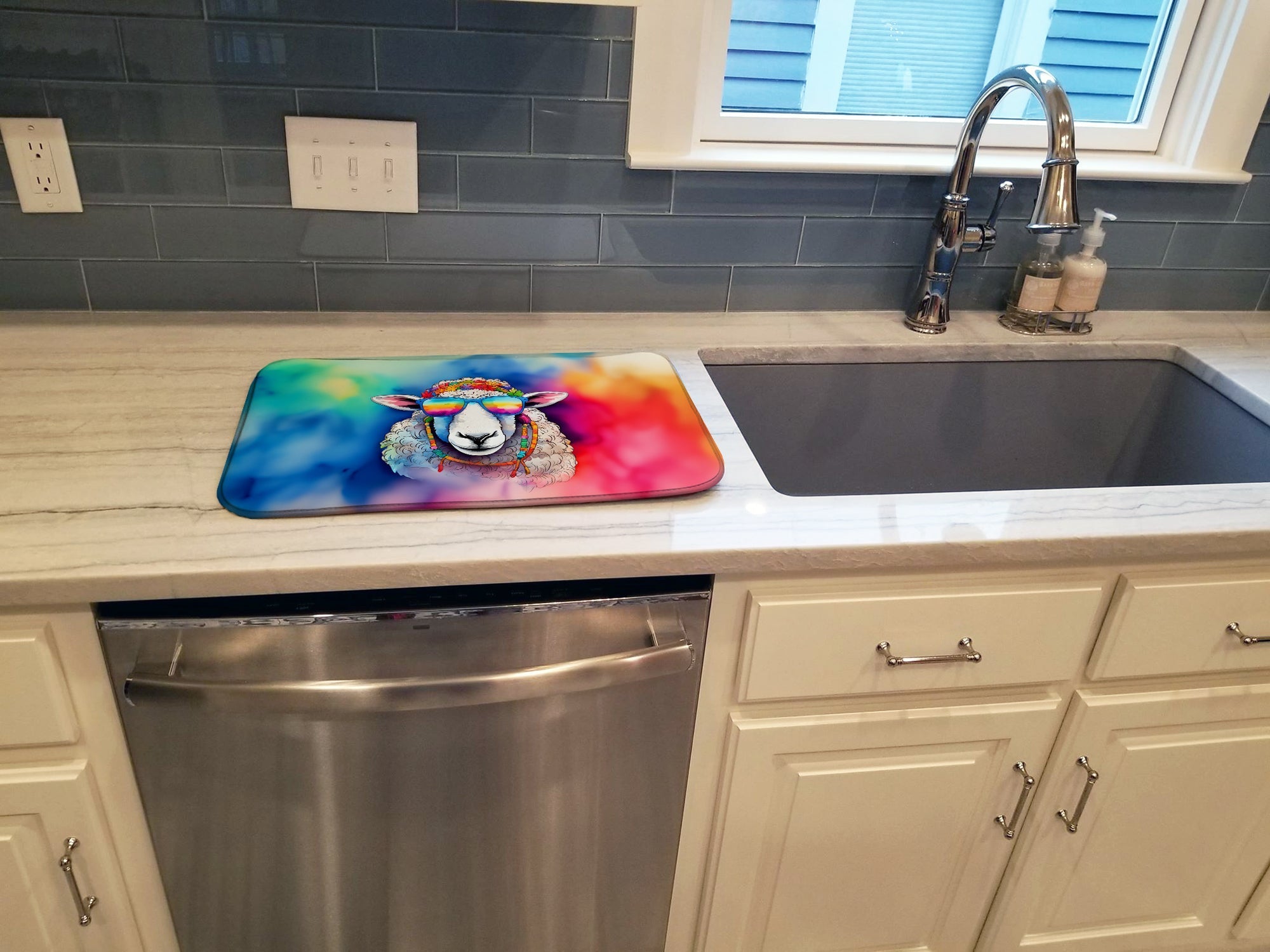 Hippie Animal Sheep Dish Drying Mat Absorbent Dish Drying Mat Pad for Kitchen Counter Dish Drainer Mat for Countertop, 14 x 21", Multicolor
