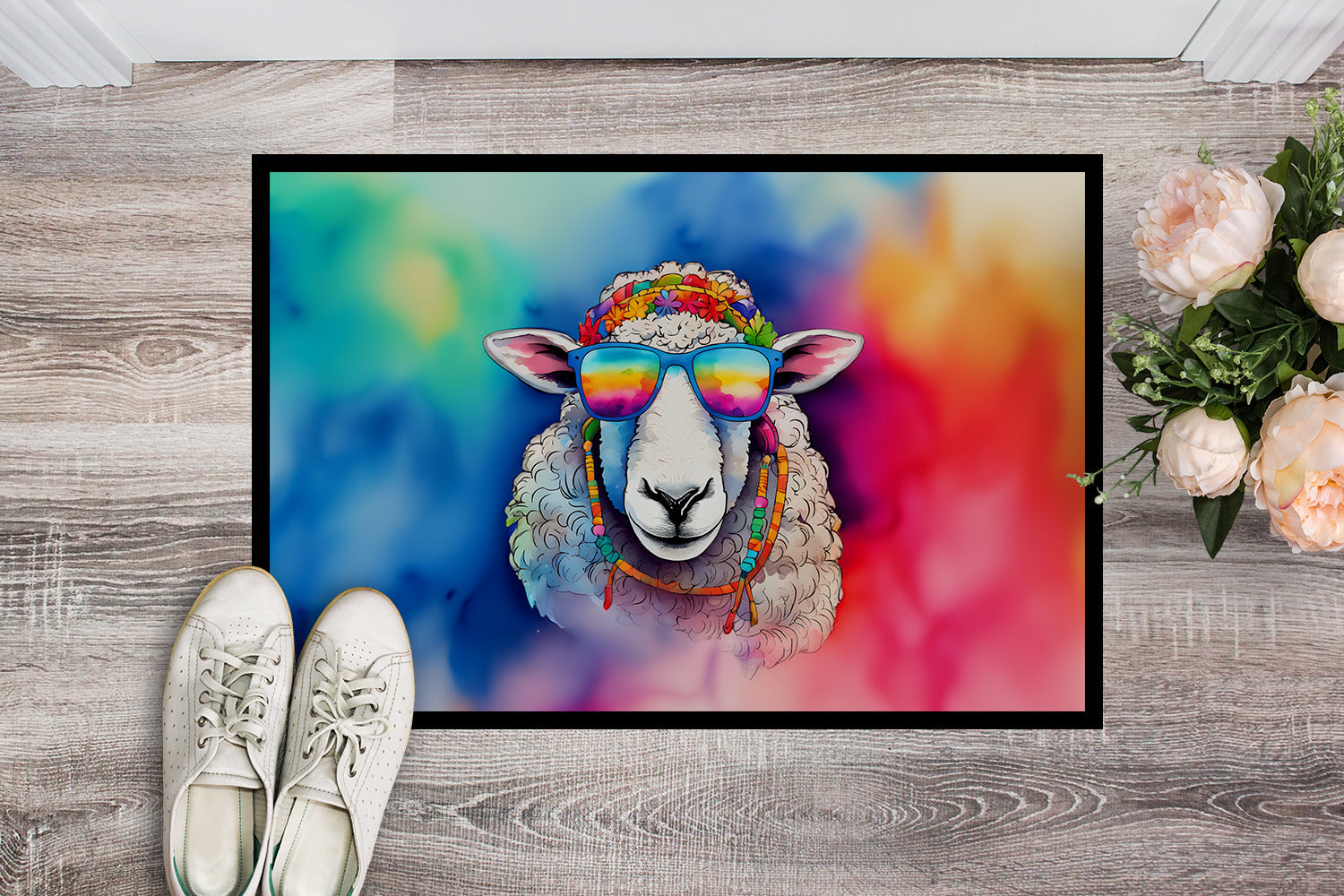 Hippie Animal Sheep Doormat Indoor Outdoor 24H X 36W Front Door Mat Rugs for Entryway, Non Slip Washable Low Pile,