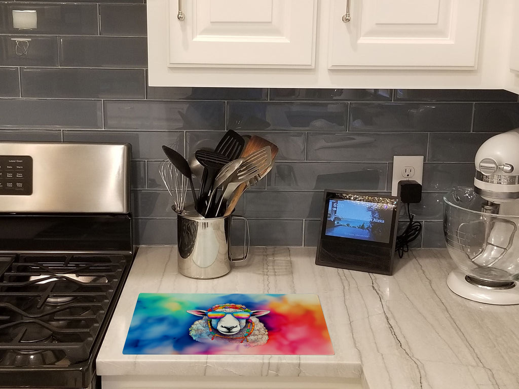 Hippie Animal Sheep Cutting Board Tempered Glass Kitchen Cutting Surface, Heat Resistant Chopping, Non-Slip Feet, Food Prep & Serving
