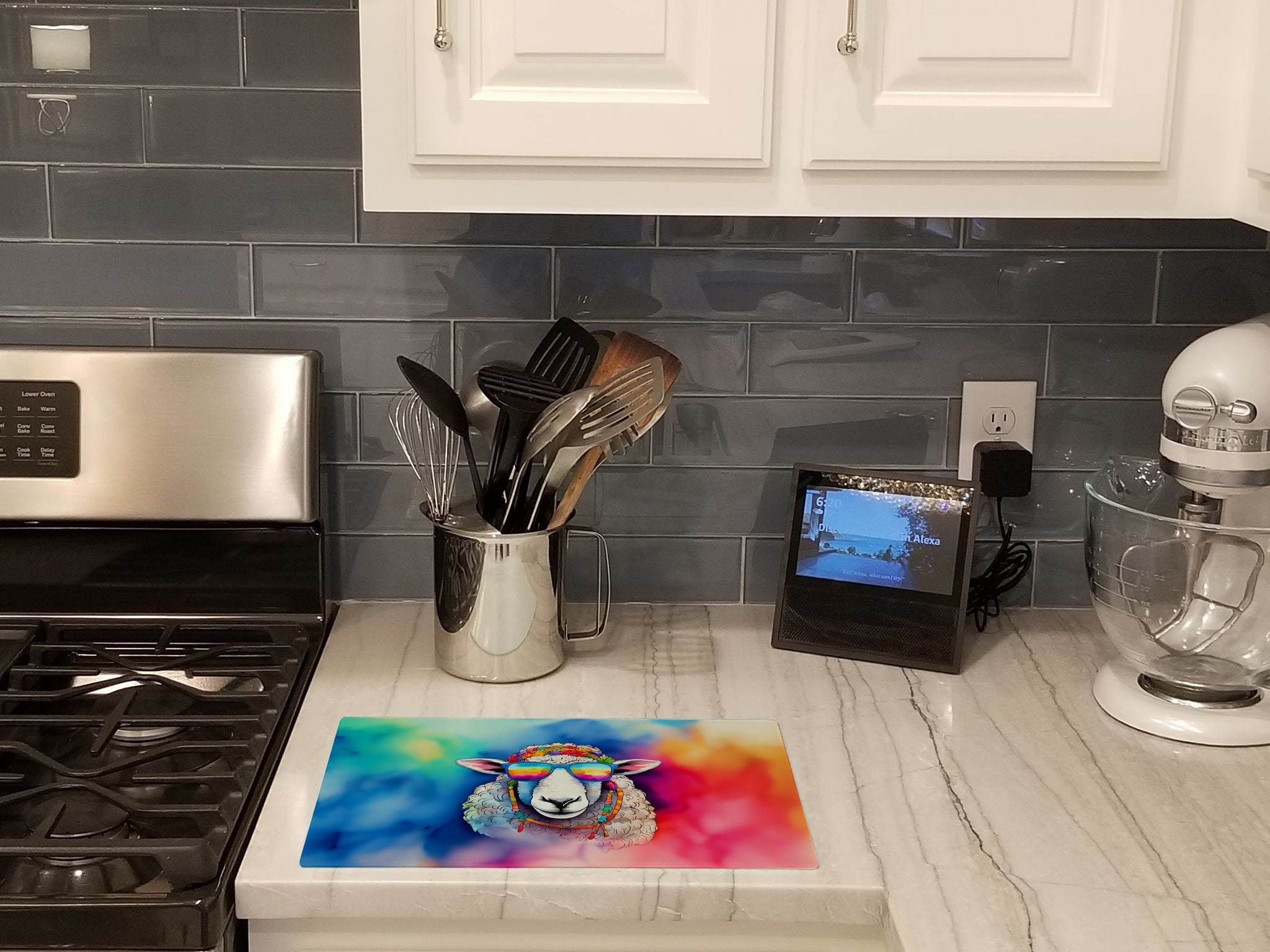Hippie Animal Sheep Cutting Board Tempered Glass Kitchen Cutting Surface, Heat Resistant Chopping, Non-Slip Feet, Food Prep & Serving