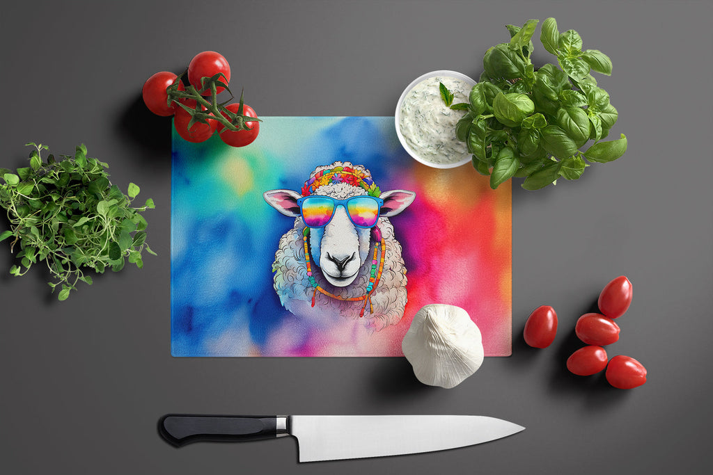 Hippie Animal Sheep Cutting Board Tempered Glass Kitchen Cutting Surface, Heat Resistant Chopping, Non-Slip Feet, Food Prep & Serving
