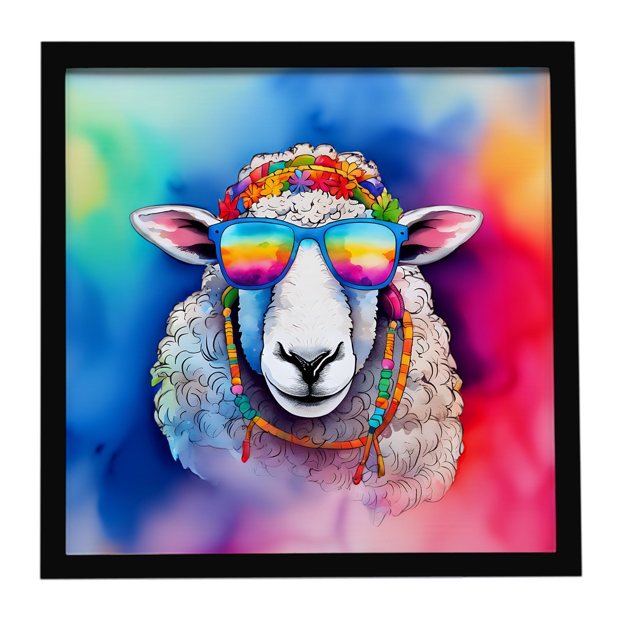 Hippie Animal Sheep Framed Metal Print Bathroom, Kitchen, Office, Home Decor Wall Art Ready to Hang, Square, 8X8