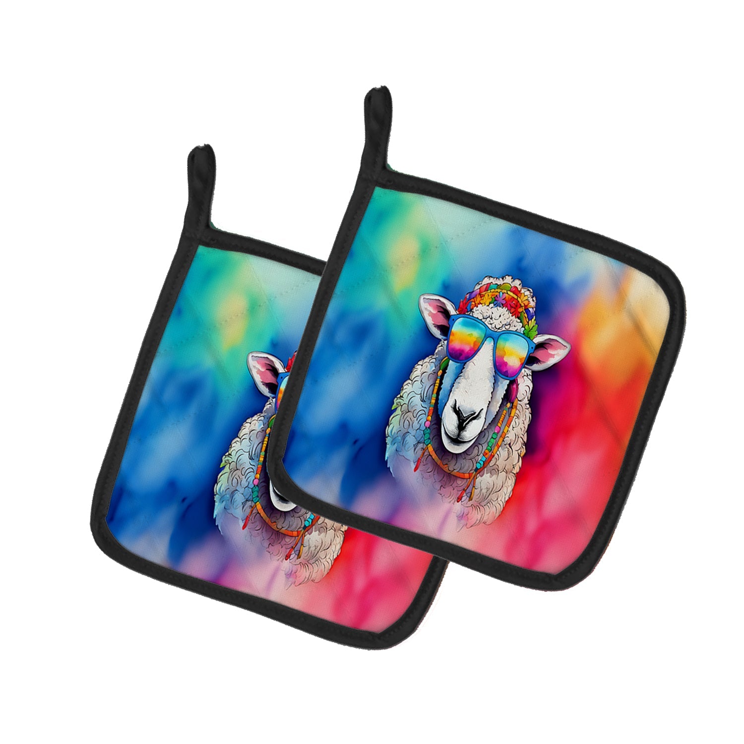 Hippie Animal Sheep Pot Holder Set of 2 Heat Resistant Quilted Hot Pads 7.5 x 7.5 Inch, Insulated Kitchen Trivets for Cooking & Baking