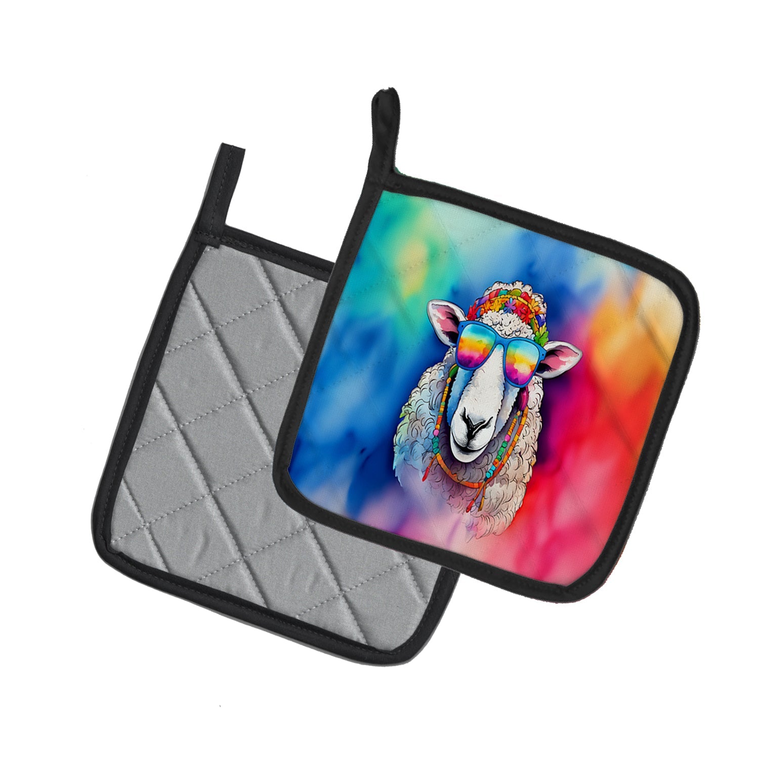 Hippie Animal Sheep Pot Holder Set of 2 Heat Resistant Quilted Hot Pads 7.5 x 7.5 Inch, Insulated Kitchen Trivets for Cooking & Baking