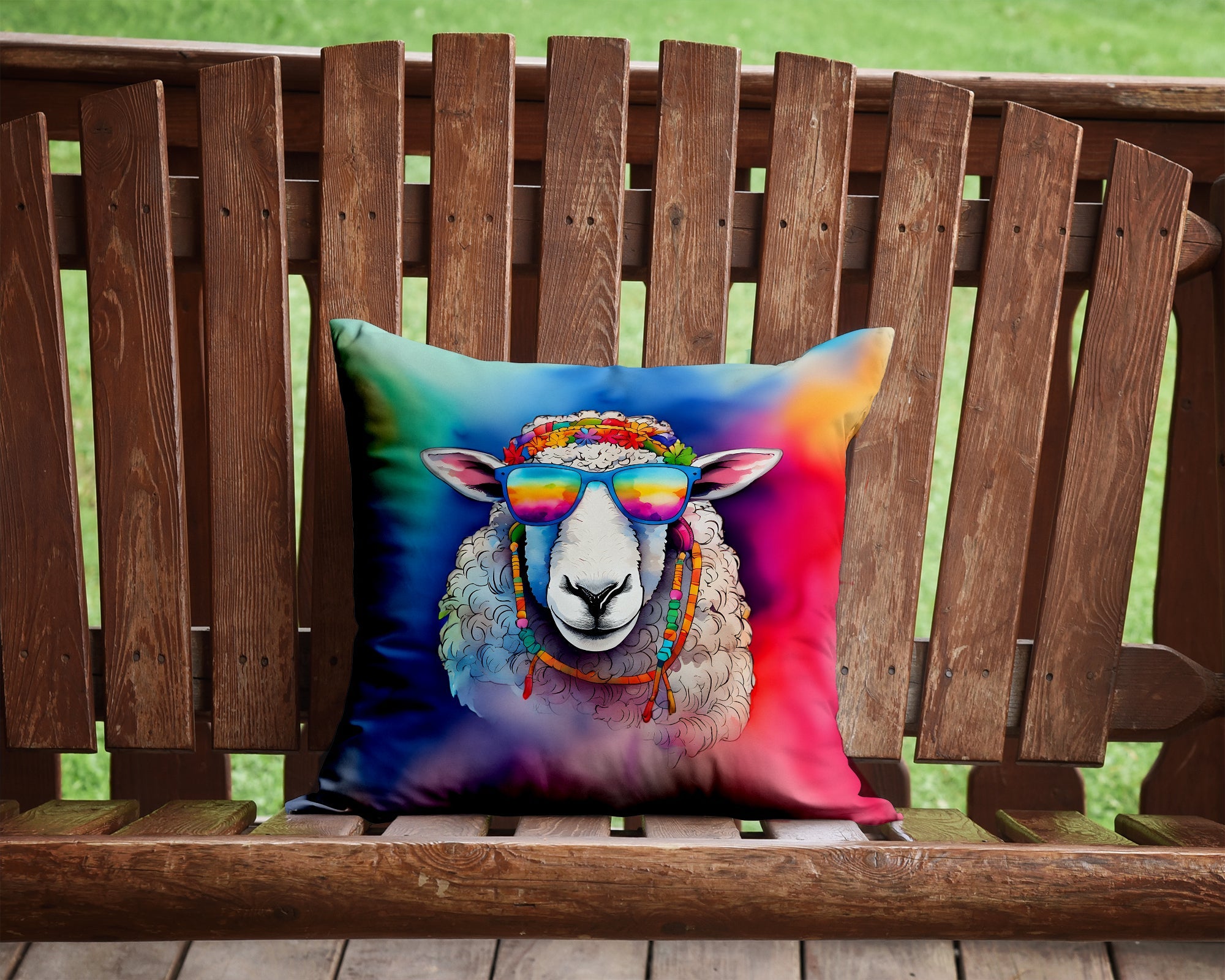 Hippie Animal Sheep Decorative Throw Pillow 14x14 Indoor Outdoor Accent Cushion, Fabric Cover with Insert for Sofa, Bed, Porch & Living Room