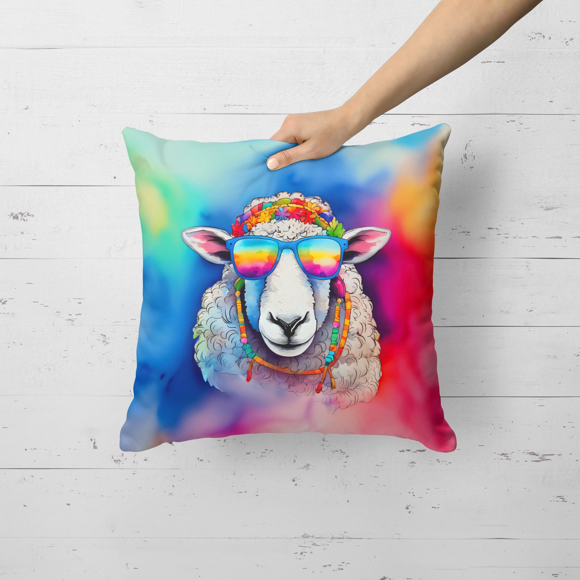 Hippie Animal Sheep Decorative Throw Pillow 18x18 Indoor Outdoor Accent Cushion, Fabric Cover with Insert for Sofa, Bed, Porch & Living Room