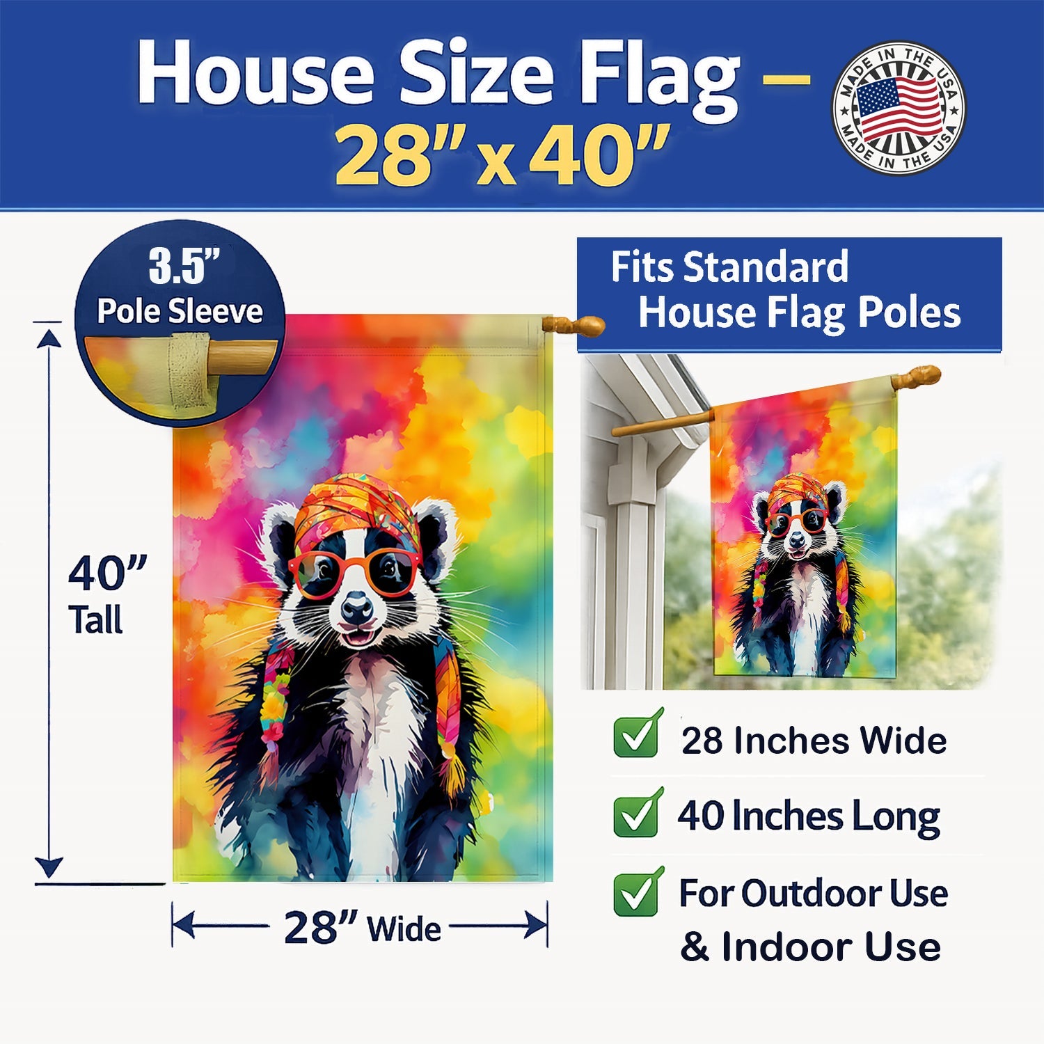 Hippie Animal Skunk House Flag 28x40 Porch Sleeve Pole Decorative Outside Yard Banner Artwork Wall Hanging, Polyester