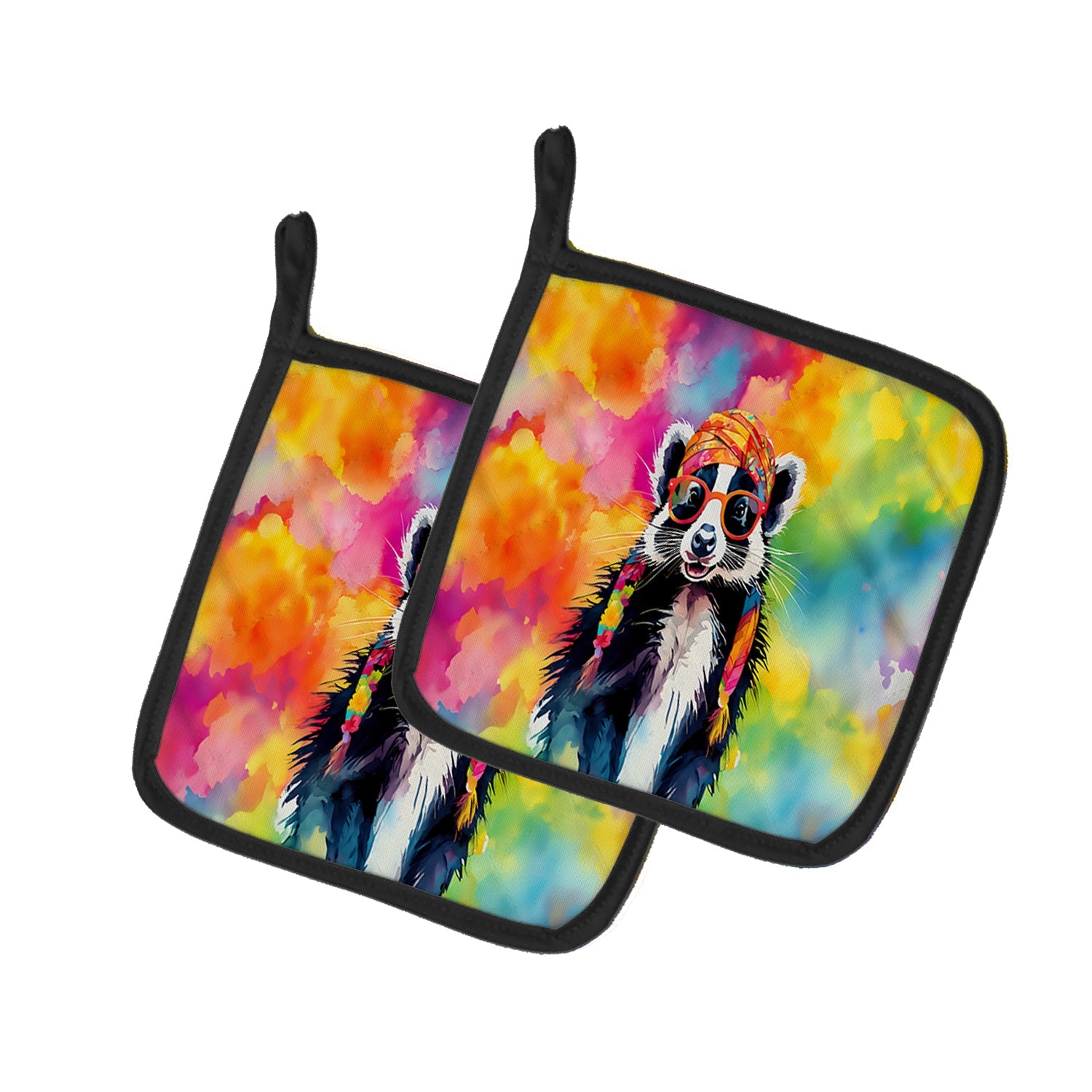 Hippie Animal Skunk Pot Holder Set of 2 Heat Resistant Quilted Hot Pads 7.5 x 7.5 Inch, Insulated Kitchen Trivets for Cooking & Baking