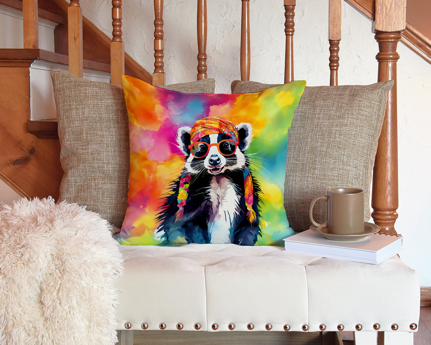 Hippie Animal Skunk Decorative Throw Pillow 14x14 Indoor Outdoor Accent Cushion, Fabric Cover with Insert for Sofa, Bed, Porch & Living Room