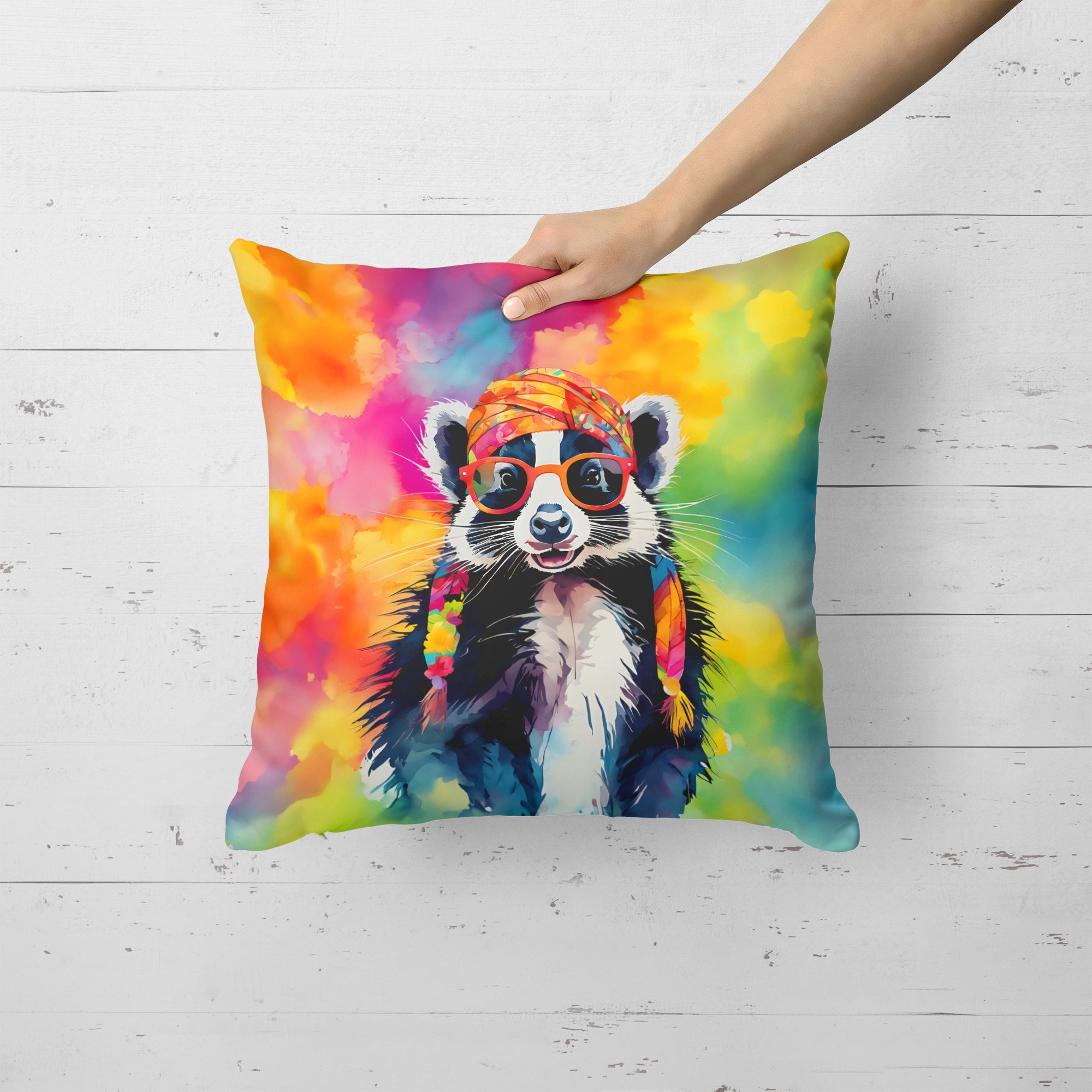 Hippie Animal Skunk Decorative Throw Pillow 18x18 Indoor Outdoor Accent Cushion, Fabric Cover with Insert for Sofa, Bed, Porch & Living Room