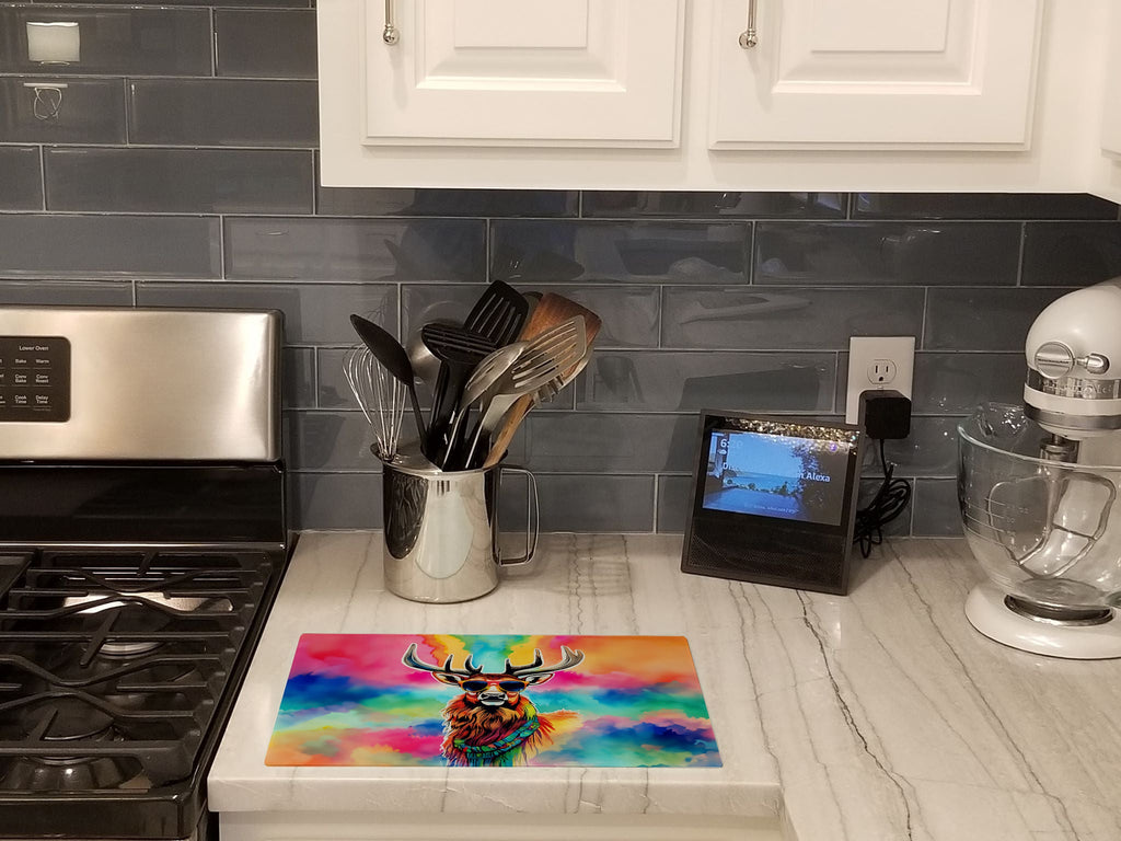 Hippie Animal Stag Deer Cutting Board Tempered Glass Kitchen Cutting Surface, Heat Resistant Chopping, Non-Slip Feet, Food Prep & Serving