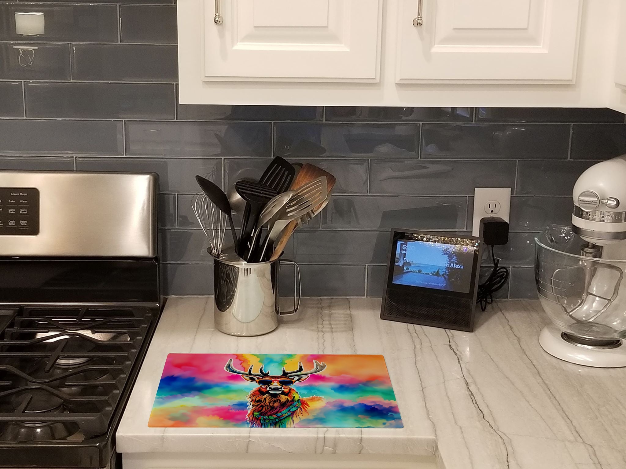 Hippie Animal Stag Deer Cutting Board Tempered Glass Kitchen Cutting Surface, Heat Resistant Chopping, Non-Slip Feet, Food Prep & Serving