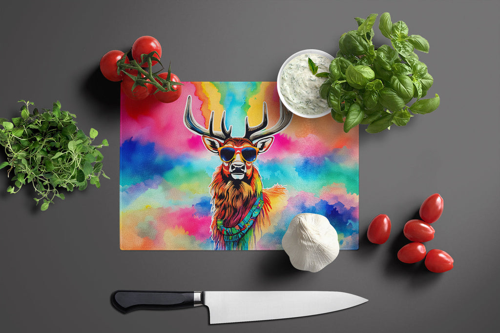 Hippie Animal Stag Deer Cutting Board Tempered Glass Kitchen Cutting Surface, Heat Resistant Chopping, Non-Slip Feet, Food Prep & Serving