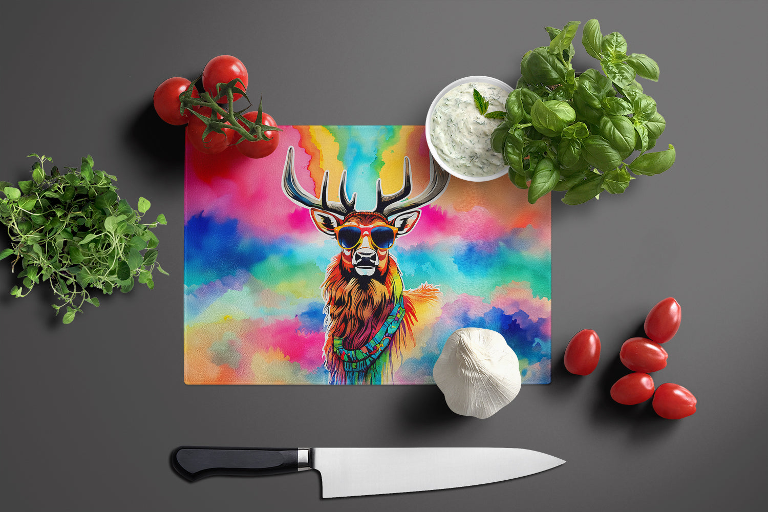 Hippie Animal Stag Deer Cutting Board Tempered Glass Kitchen Cutting Surface, Heat Resistant Chopping, Non-Slip Feet, Food Prep & Serving