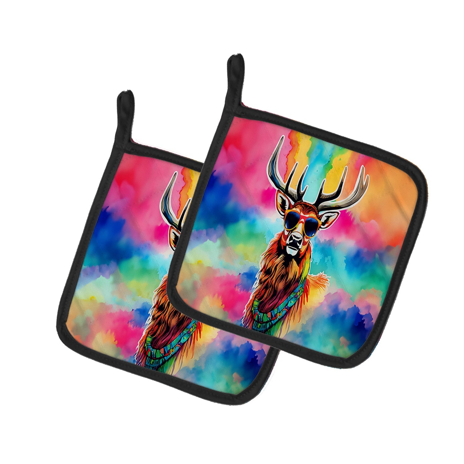Hippie Animal Stag Deer Pot Holder Set of 2 Heat Resistant Quilted Hot Pads 7.5 x 7.5 Inch, Insulated Kitchen Trivets for Cooking & Baking
