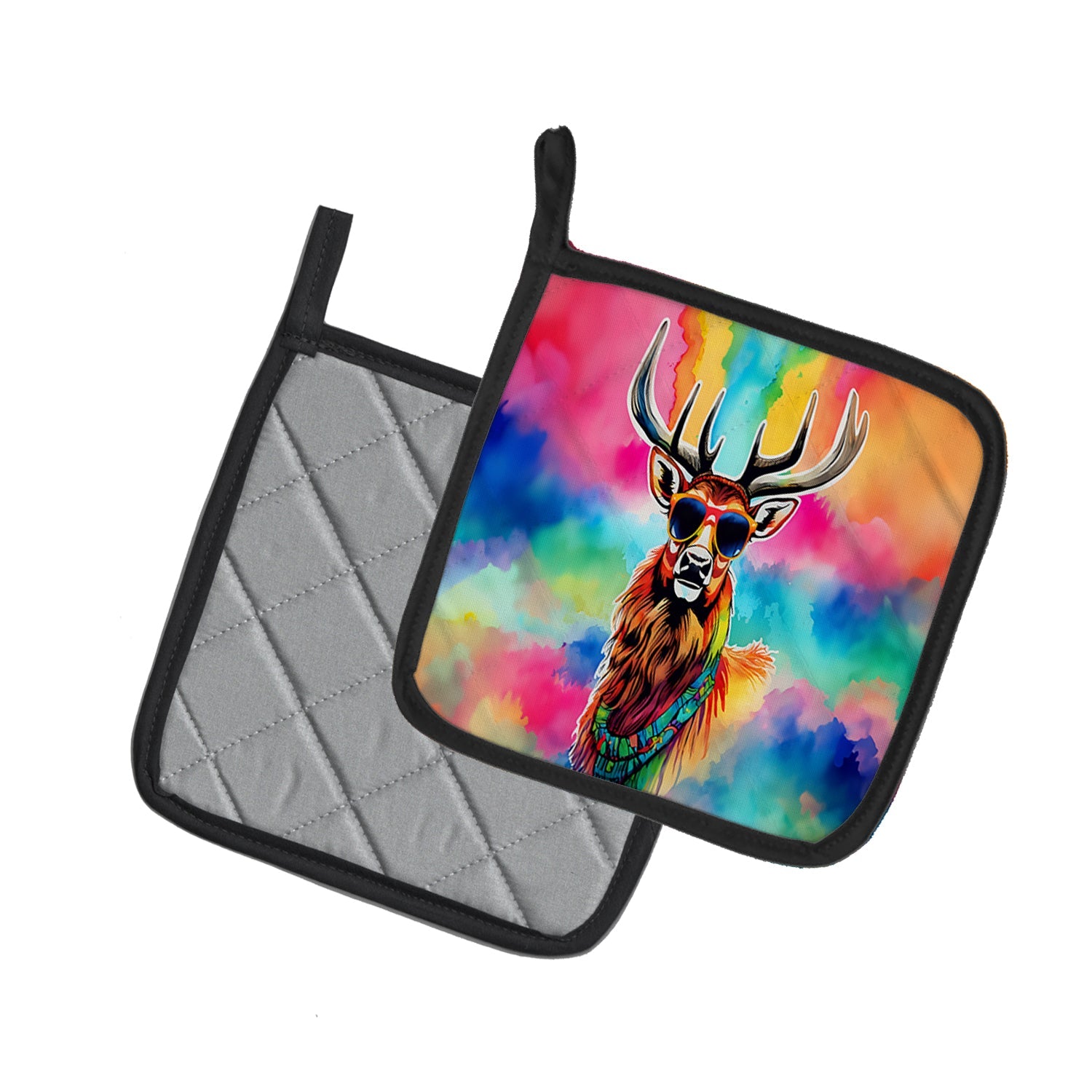Hippie Animal Stag Deer Pot Holder Set of 2 Heat Resistant Quilted Hot Pads 7.5 x 7.5 Inch, Insulated Kitchen Trivets for Cooking & Baking