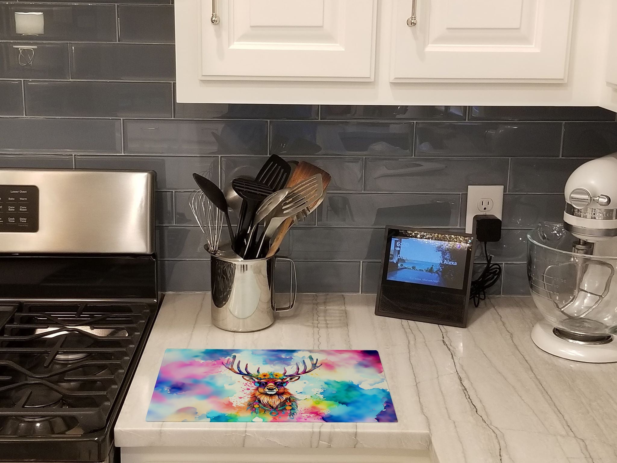 Hippie Animal Stag Deer Cutting Board Tempered Glass Kitchen Cutting Surface, Heat Resistant Chopping, Non-Slip Feet, Food Prep & Serving