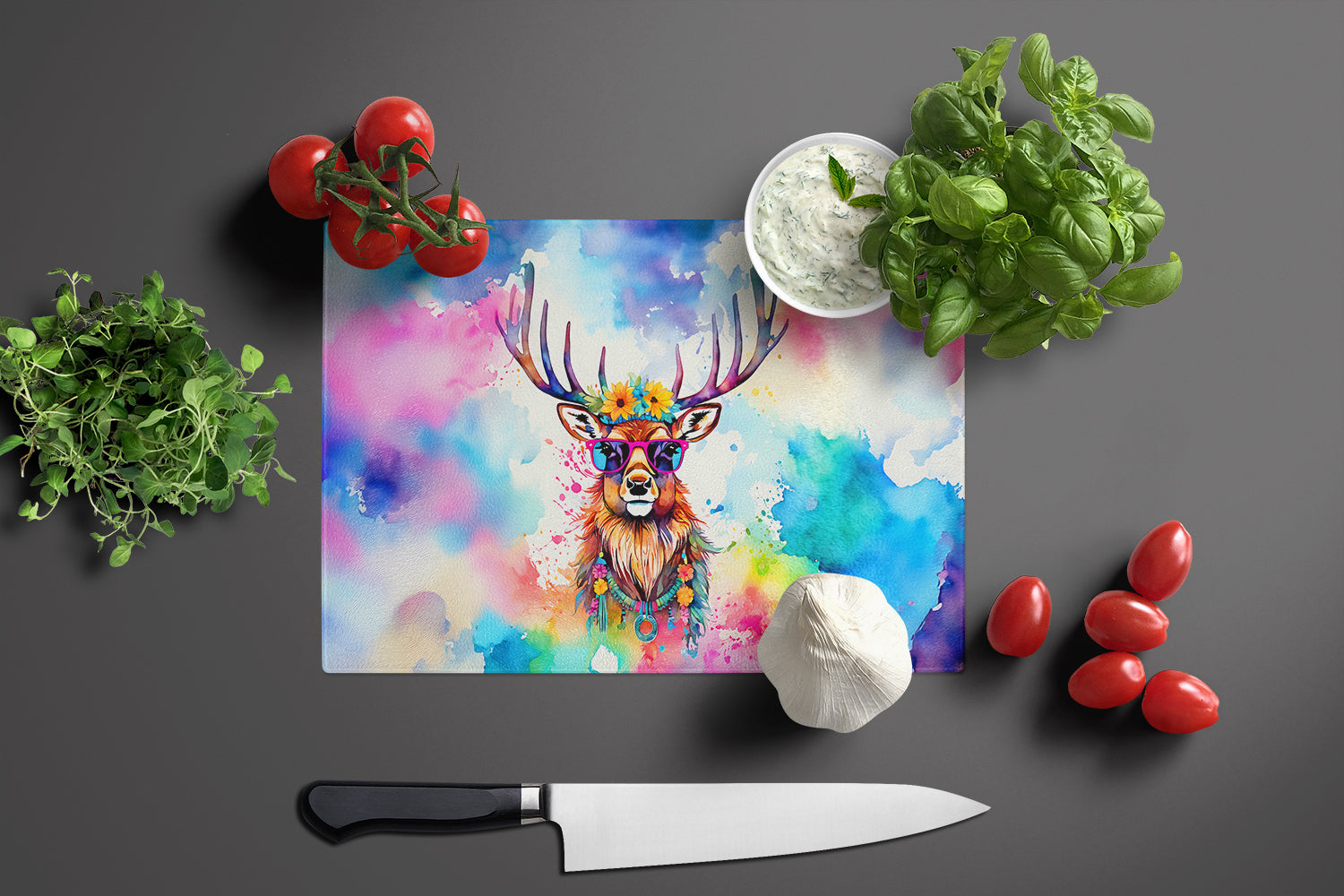Hippie Animal Stag Deer Cutting Board Tempered Glass Kitchen Cutting Surface, Heat Resistant Chopping, Non-Slip Feet, Food Prep & Serving
