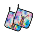 Hippie Animal Stag Deer Pot Holder Set of 2 Heat Resistant Quilted Hot Pads 7.5 x 7.5 Inch, Insulated Kitchen Trivets for Cooking & Baking