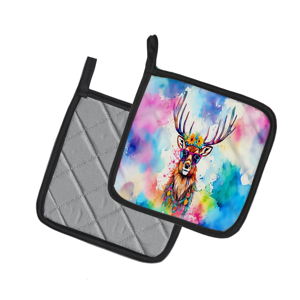 Hippie Animal Stag Deer Pot Holder Set of 2 Heat Resistant Quilted Hot Pads 7.5 x 7.5 Inch, Insulated Kitchen Trivets for Cooking & Baking
