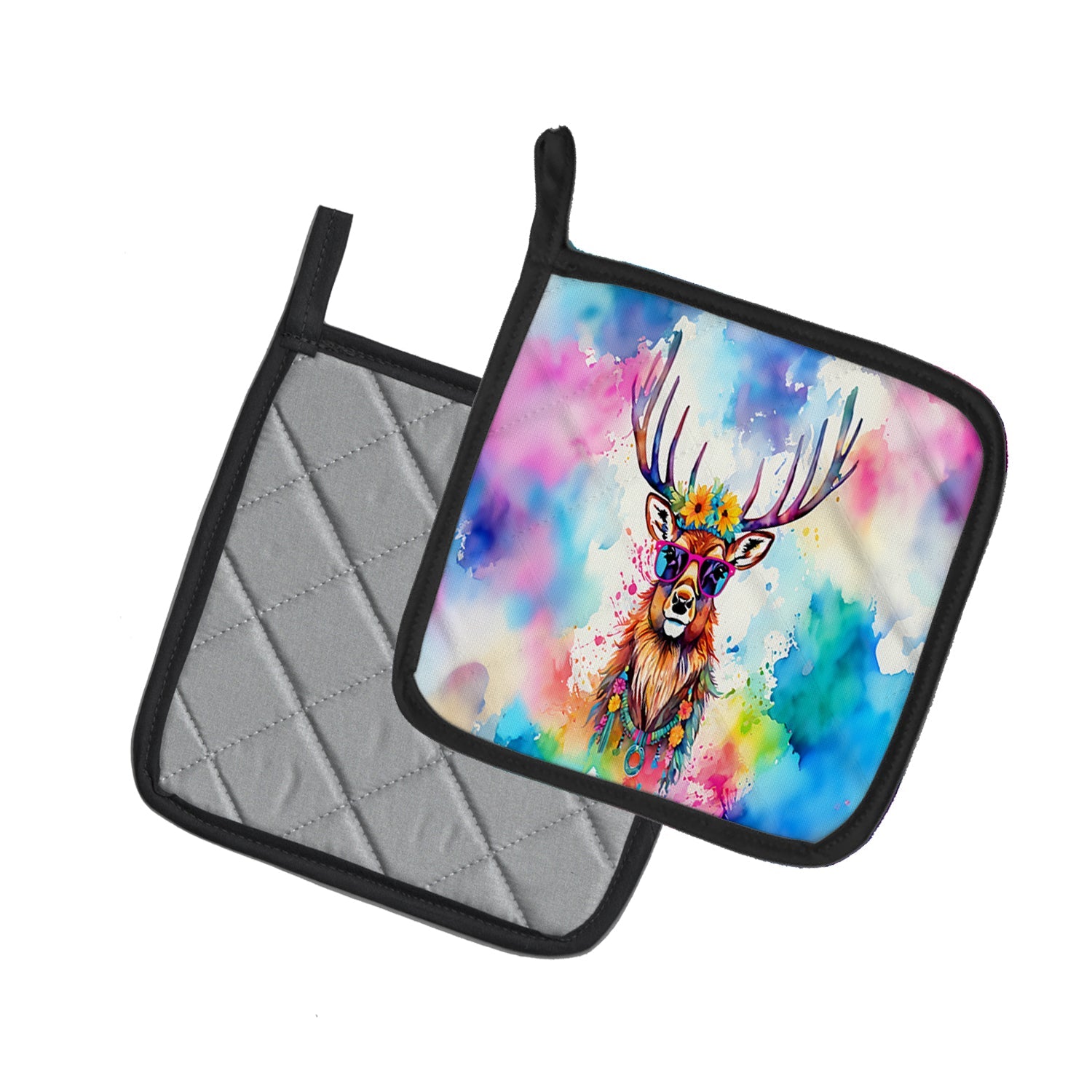 Hippie Animal Stag Deer Pot Holder Set of 2 Heat Resistant Quilted Hot Pads 7.5 x 7.5 Inch, Insulated Kitchen Trivets for Cooking & Baking