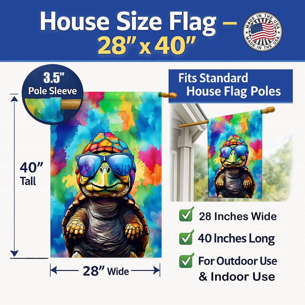 Hippie Animal Tortoise Turtle House Flag 28x40 Porch Sleeve Pole Decorative Outside Yard Banner Artwork Wall Hanging, Polyester