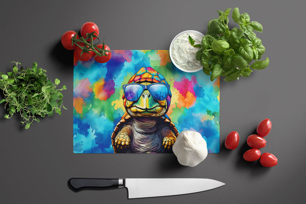 Hippie Animal Tortoise Turtle Cutting Board Tempered Glass Kitchen Cutting Surface, Heat Resistant Chopping, Non-Slip Feet, Food Prep & Serving