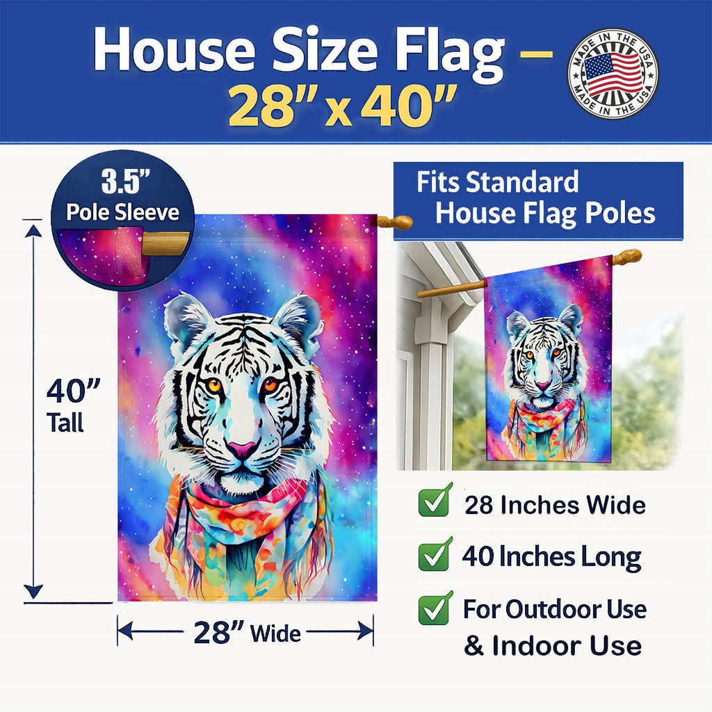 Hippie Animal White Tiger House Flag 28x40 Porch Sleeve Pole Decorative Outside Yard Banner Artwork Wall Hanging, Polyester