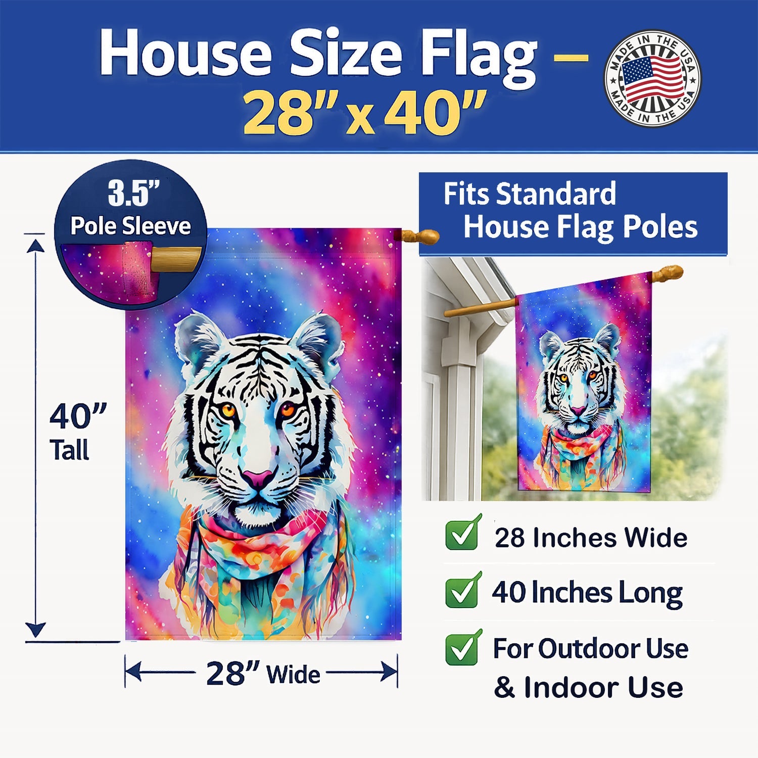 Hippie Animal White Tiger House Flag 28x40 Porch Sleeve Pole Decorative Outside Yard Banner Artwork Wall Hanging, Polyester