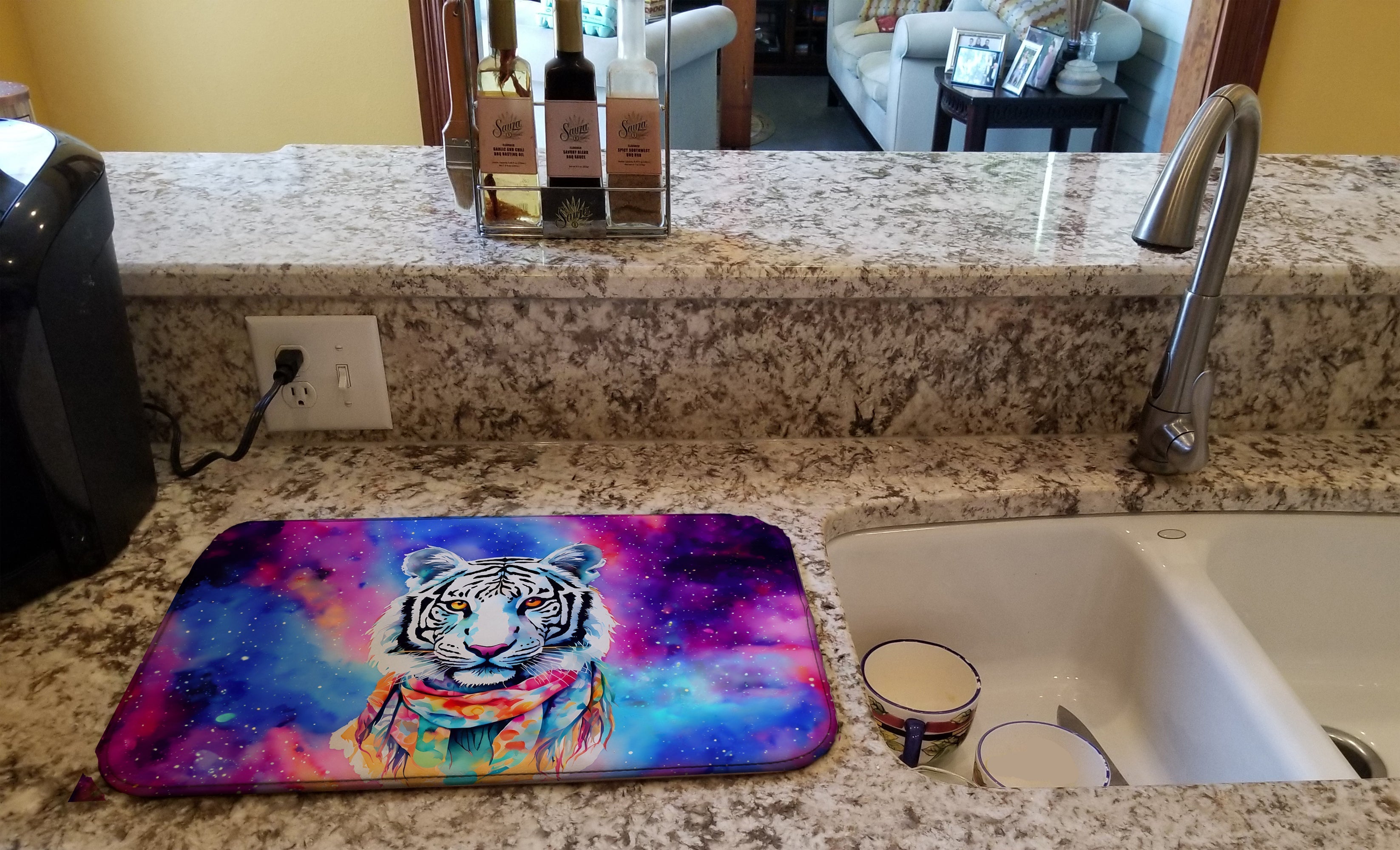Hippie Animal White Tiger Dish Drying Mat Absorbent Dish Drying Mat Pad for Kitchen Counter Dish Drainer Mat for Countertop, 14 x 21", Multicolor
