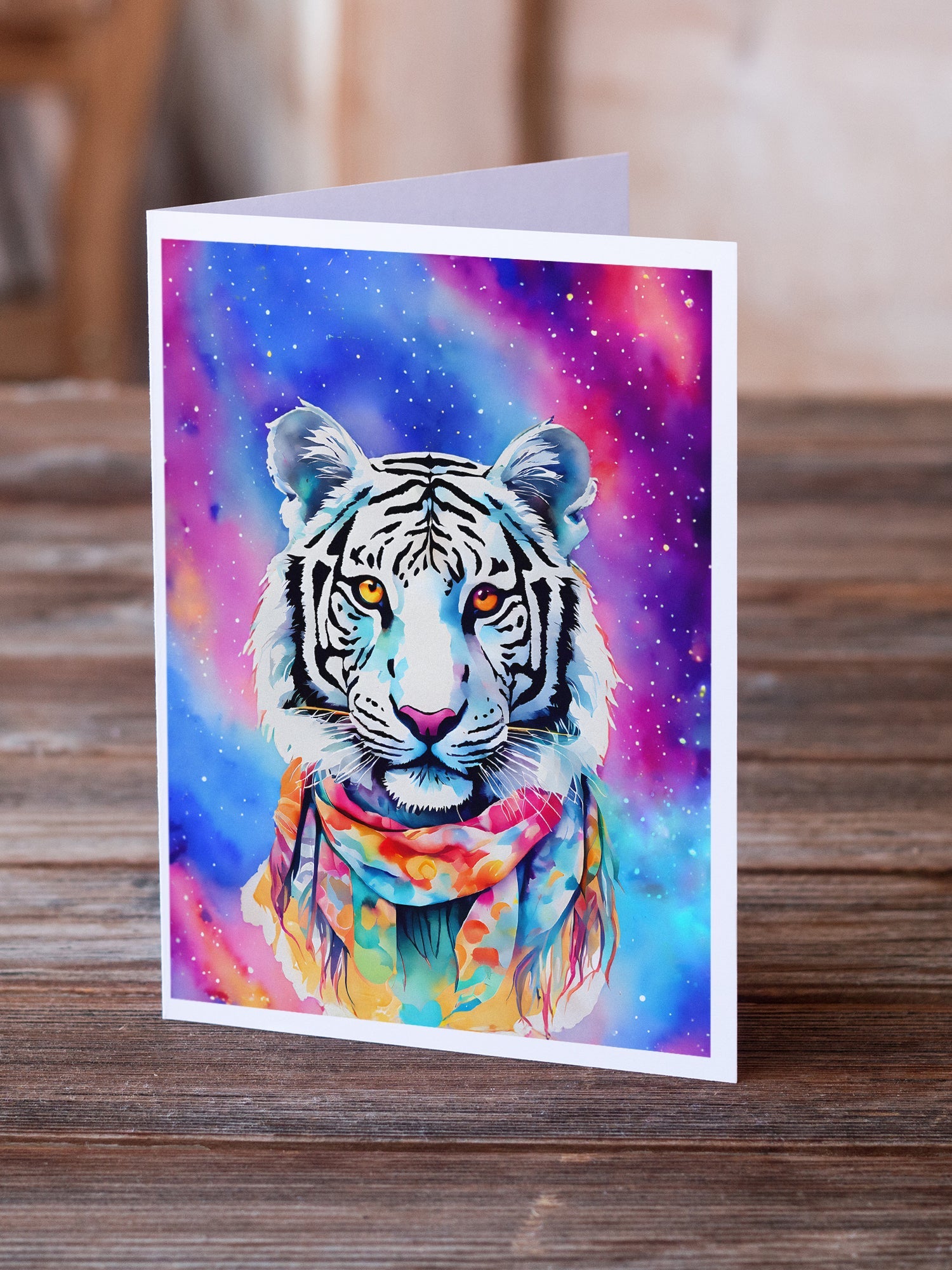 Hippie Animal White Tiger Greeting Cards Pack of 8 Blank Cards with Envelopes Whimsical A7 Size 5x7