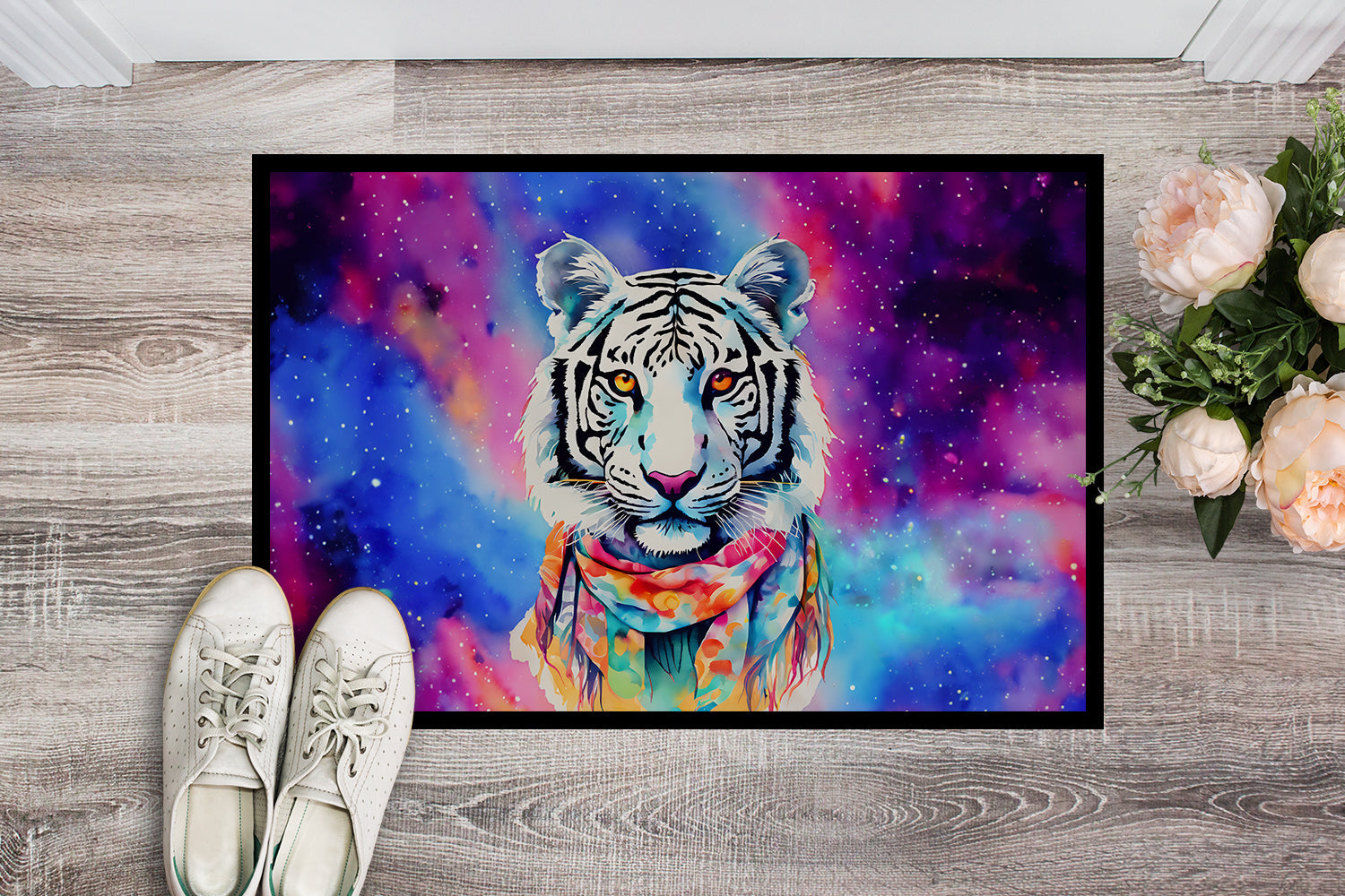 Hippie Animal White Tiger Doormat Indoor Outdoor 24H X 36W Front Door Mat Rugs for Entryway, Non Slip Washable Low Pile,