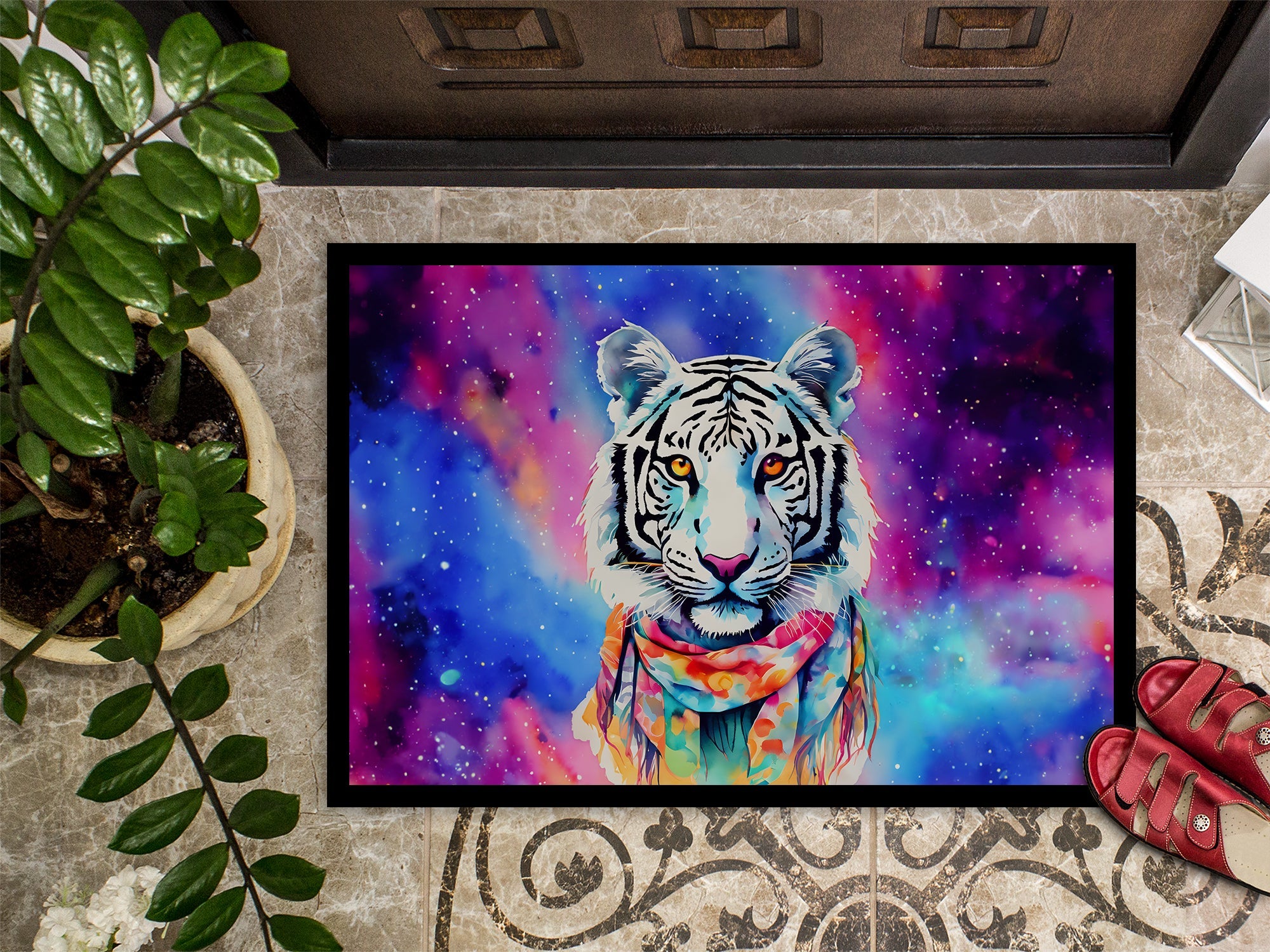 Hippie Animal White Tiger Doormat Indoor Outdoor 24H X 36W Front Door Mat Rugs for Entryway, Non Slip Washable Low Pile,