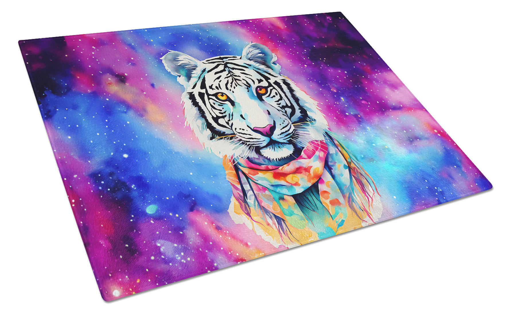 Hippie Animal White Tiger Cutting Board Tempered Glass Kitchen Cutting Surface, Heat Resistant Chopping, Non-Slip Feet, Food Prep & Serving