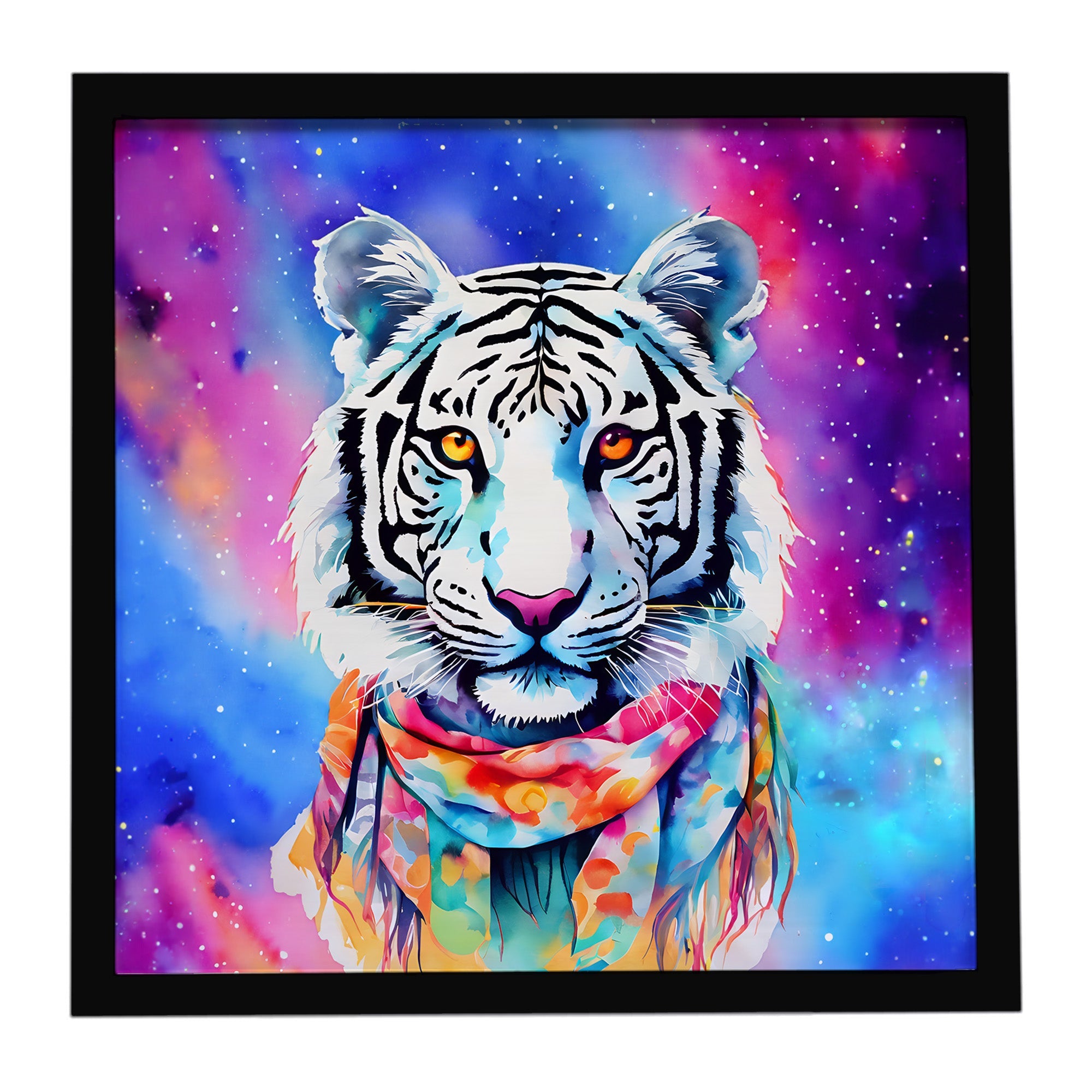 Hippie Animal White Tiger Framed Metal Print Bathroom, Kitchen, Office, Home Decor Wall Art Ready to Hang, Square, 8X8