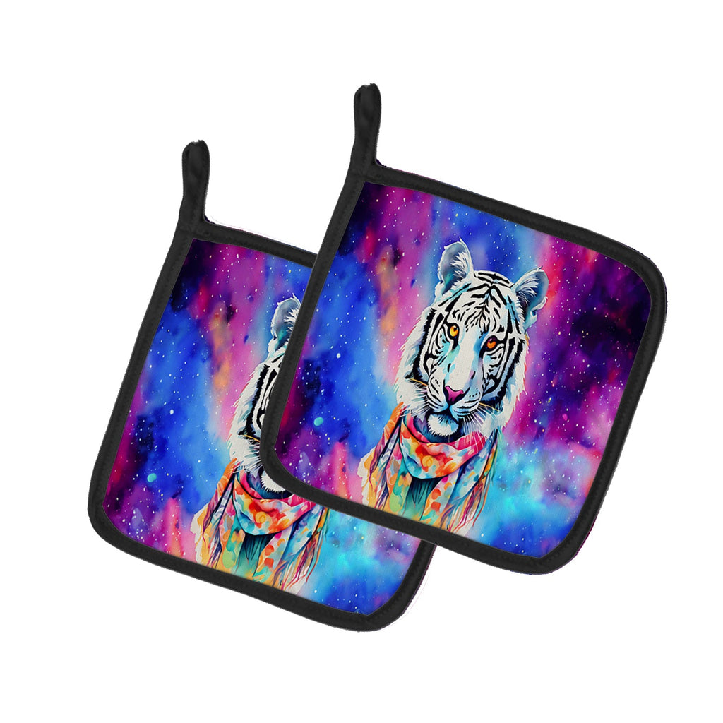 Hippie Animal White Tiger Pot Holder Set of 2 Heat Resistant Quilted Hot Pads 7.5 x 7.5 Inch, Insulated Kitchen Trivets for Cooking & Baking