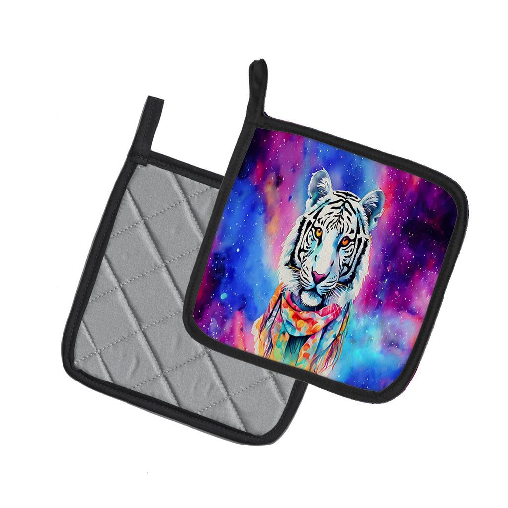 Hippie Animal White Tiger Pot Holder Set of 2 Heat Resistant Quilted Hot Pads 7.5 x 7.5 Inch, Insulated Kitchen Trivets for Cooking & Baking